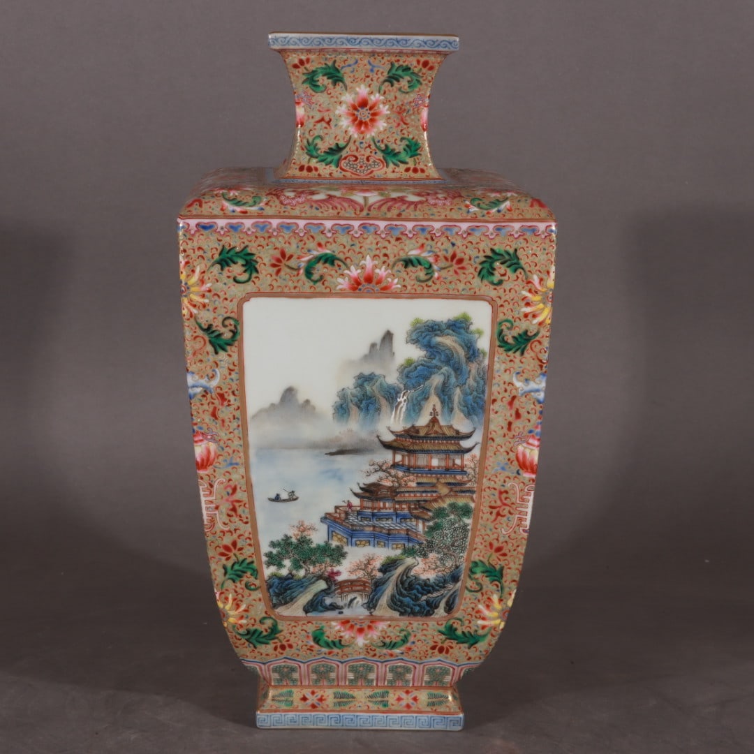 A Exquisite Famille-Rose Painted Gold Landscape and Figures Pattern Vase: A Exquisite Famille-Rose Painted Gold Landscape and Figures Pattern Vase,Qing Dynasty, China,Qianlong Six-character Mark,Size:12.2inx3.1inx6.1inx3.5in
