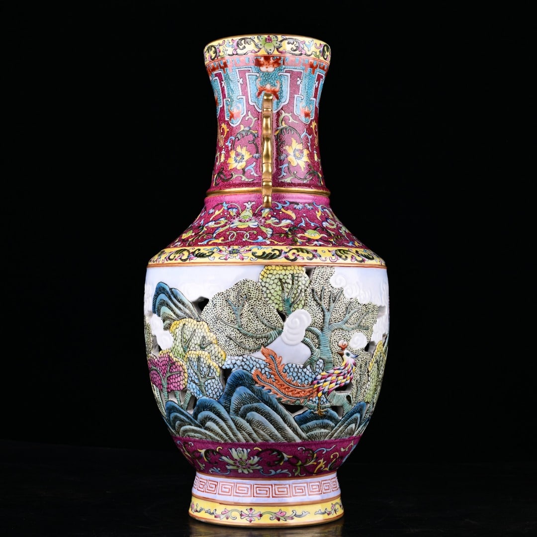A Exquisite Enamel Phoenix Pattern Double-Ears Vase - 2