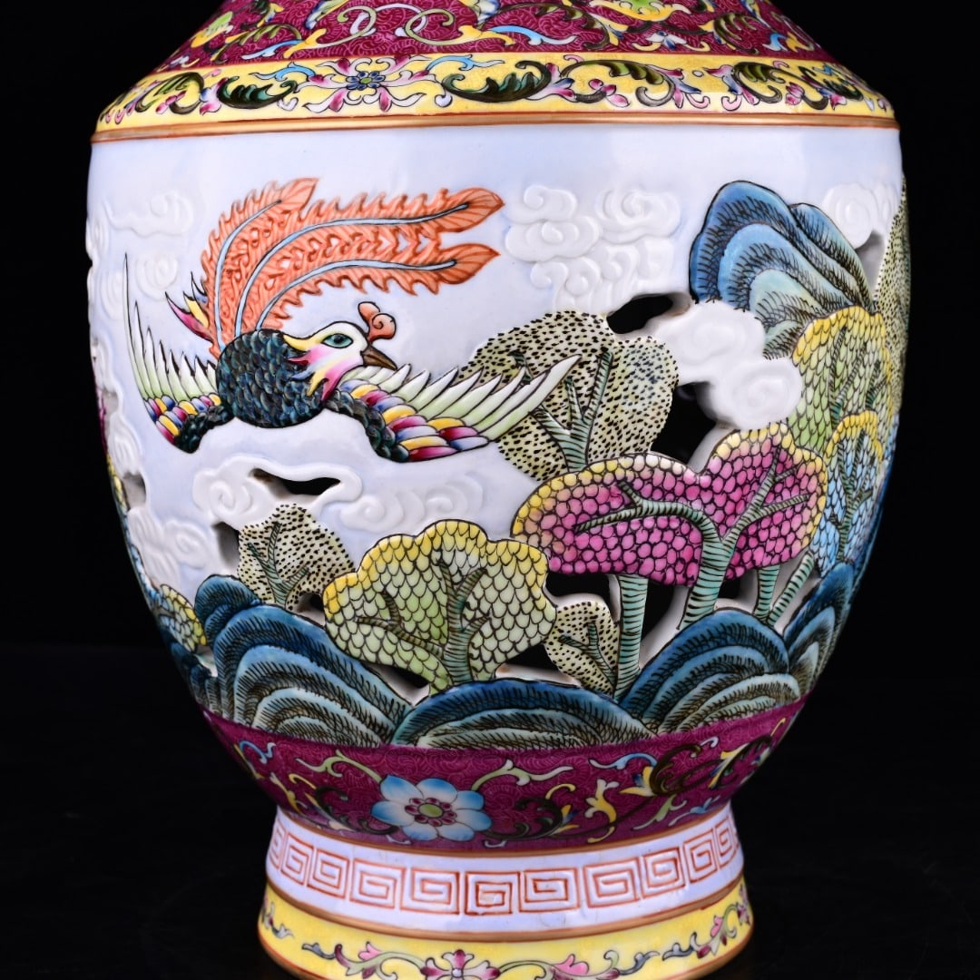 A Exquisite Enamel Phoenix Pattern Double-Ears Vase - 6