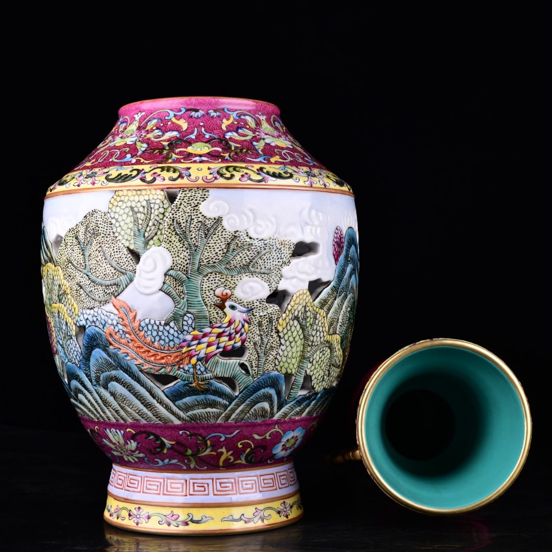A Exquisite Enamel Phoenix Pattern Double-Ears Vase - 9