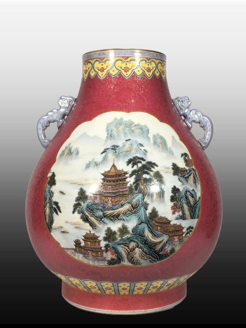 A Exquisite Famille-Rose Ruby Red-Glazed Landscape Pattern Dragon-Ears Vase: A Exquisite Famille-Rose Ruby Red-Glazed Landscape Pattern Dragon-Ears Vase,Qing Dynasty, China,Qianlong Six-character Mark,Size:18.1inx6.5inx14.2inx9.7in