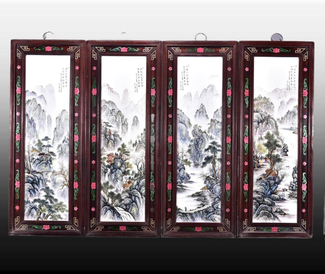 A Set of Exquisite Red wood Famille-Rose Landscape Porcelain Plate Hanging Panel: A Set of Exquisite Red wood Famille-Rose Landscape Porcelain Plate Hanging Panel,Republic of China,With Mark,Size:51.6inx20.1inx4 一套红木粉彩山水ல