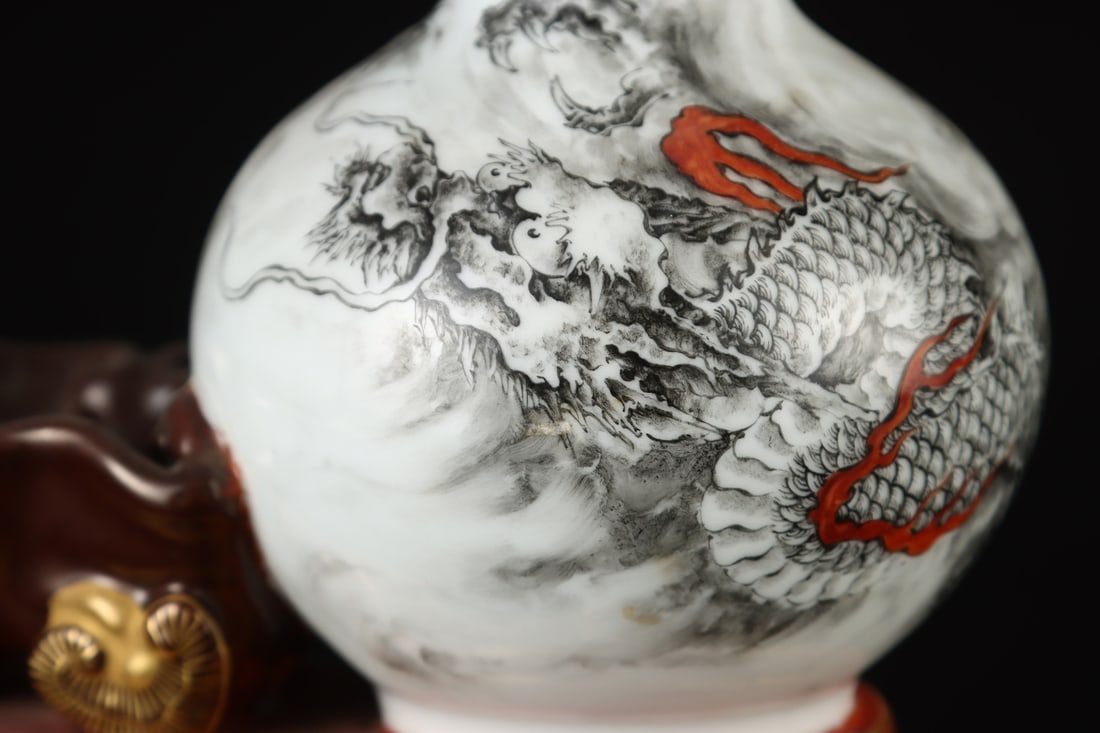 A Exquisite Ink Color Dragon Pattern Gourd Vase - 5