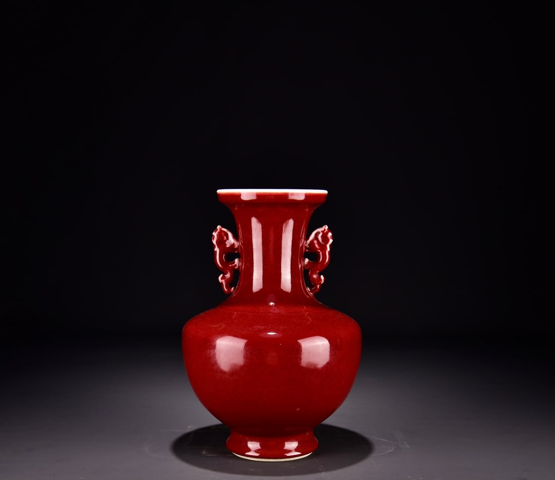 A Exquisite Lang Red Glazed Double-Ears Vase: A Exquisite Lang Red Glazed Double-Ears Vase,Qing Dynasty, China,Qianlong Six-character Mark,Size:11.8inx7.9in 郎红釉双耳瓶,中国清代,乾