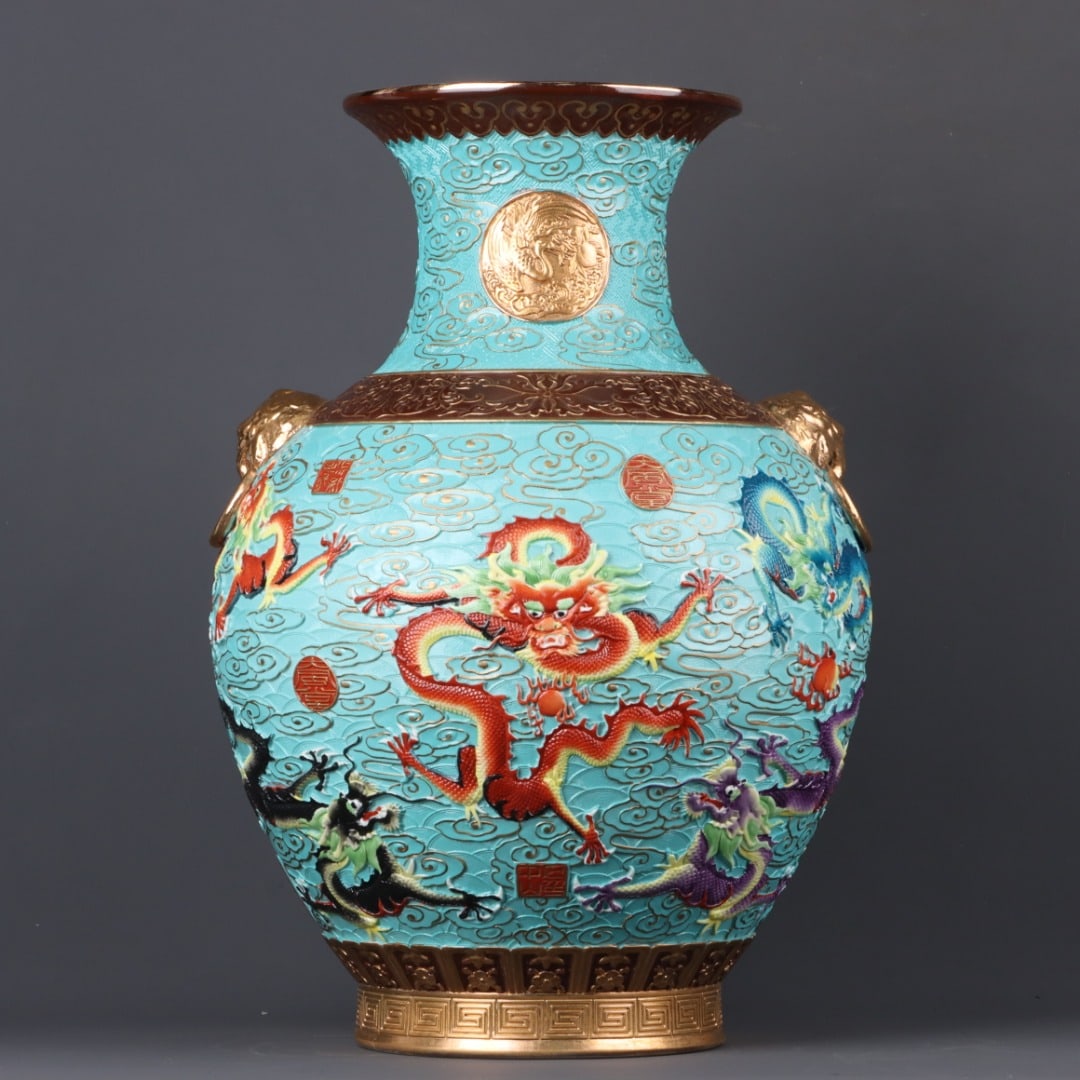 A Exquisite Enamel Gilt Dragon Pattern Beast-Ears Vase: A Exquisite Enamel Gilt Dragon Pattern Beast-Ears Vase,Qing Dynasty, China,Qianlong Six-character Mark,Size:20.9inx13.8in ??????????,????,?????