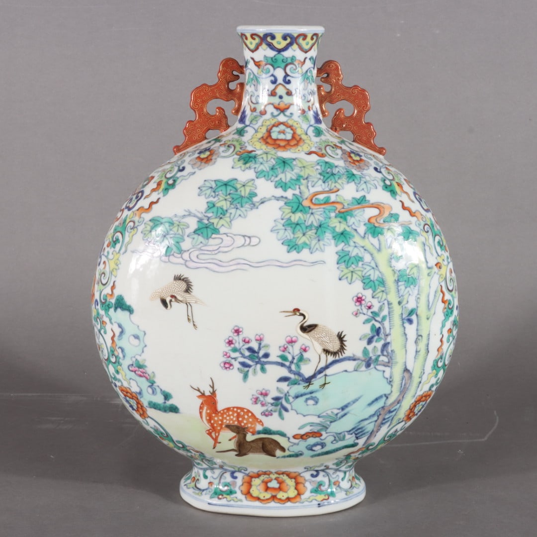 A Exquisite Blue and White Doucai Deer and Crane Pattern Double-Ears Vase: A Exquisite Blue and White Doucai Deer and Crane Pattern Double-Ears Vase,Qing Dynasty, China,Qianlong Six-character Mark,Size:13.4inx2.4inx9.6inx5.3in ??????????,????,?????