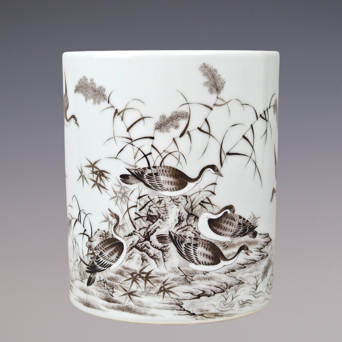 An Exquisite Ink Color Flower and Bird Pattern with poem Brush Pot: An Exquisite Ink Color Flower and Bird Pattern with poem Brush Pot Qing Dynasty, China Yongzheng Four-character Mark Size:6.1inx5.2in墨彩芦雁笔筒 中国&#