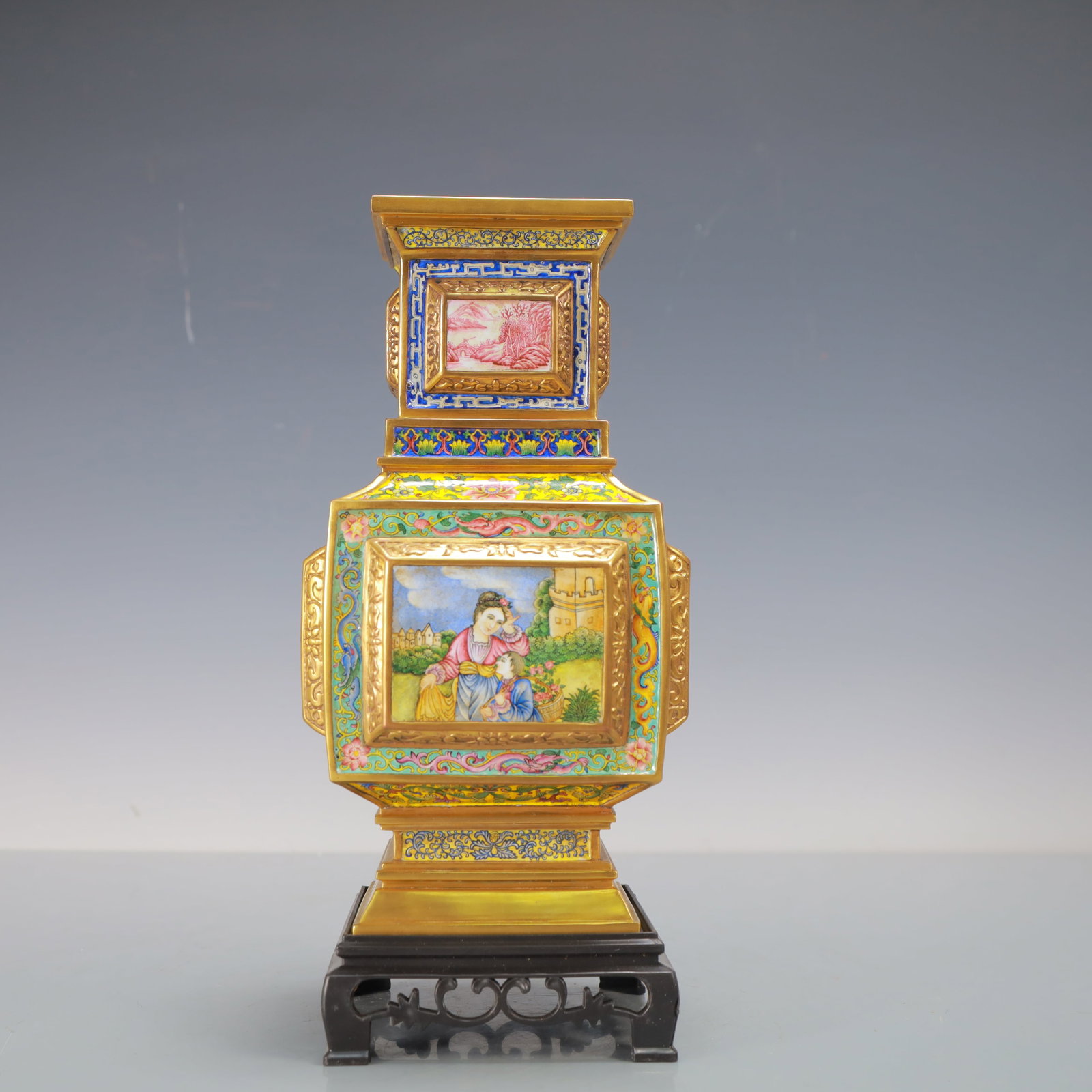 A Exquisite Coppery Enamel Lotus Pattern Character and Story Pattern Vase: A Exquisite Coppery Enamel Lotus Pattern Character and Story Pattern Vase Qing Dynasty, China Qianlong Four-character Mark Size:4.7inx8.7in