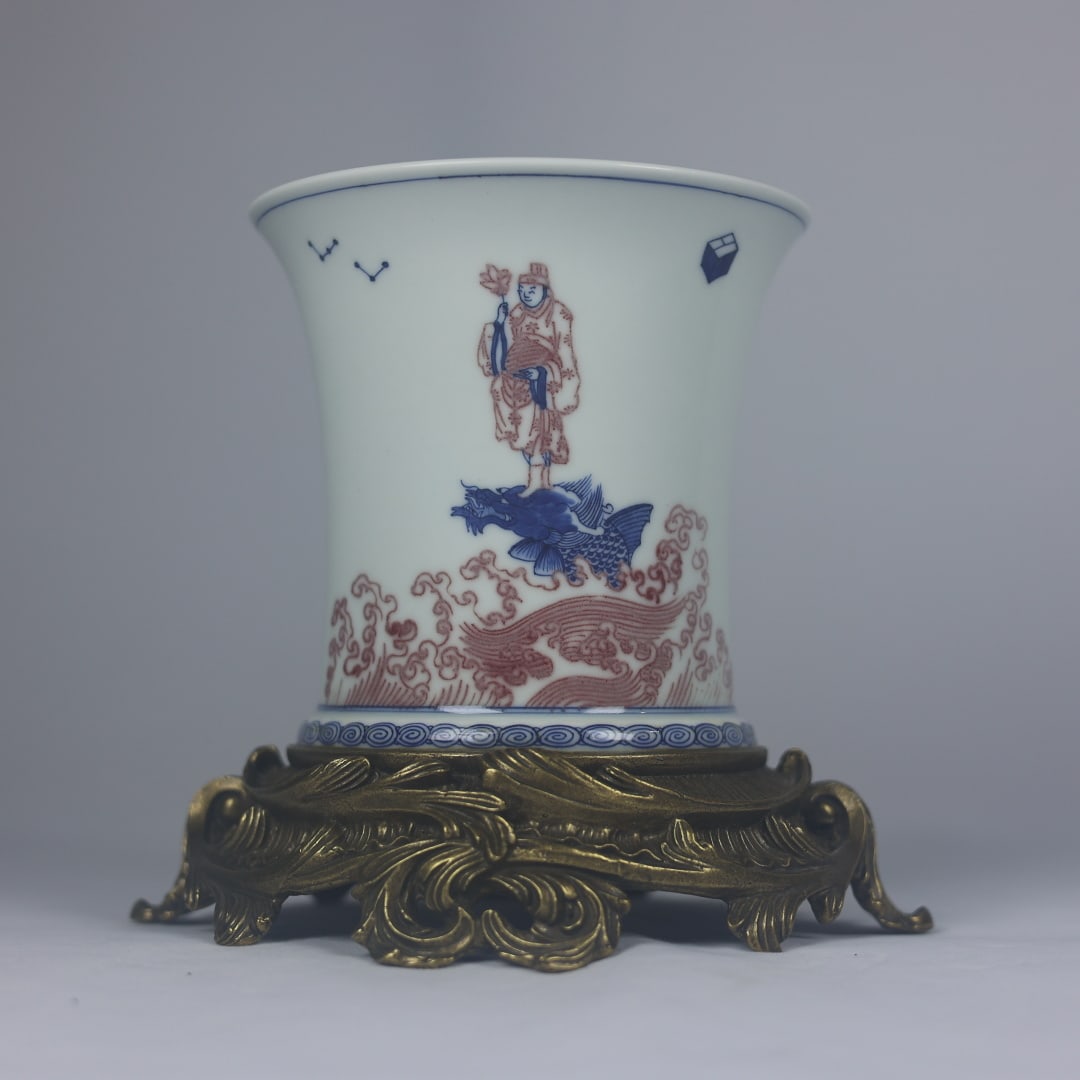 An Exquisite Blue and White Underglaze-Red Inlaid Bronze Seawater and Figure Pattern Brush Pot: An Exquisite Blue and White Underglaze-Red Inlaid Bronze Seawater and Figure Pattern Brush Pot,Qing Dynasty,China,Kangxi Six-character