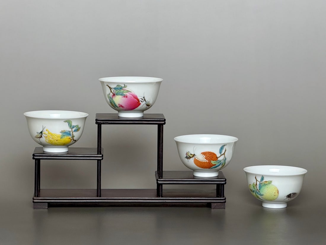 A Set of Fine Enamel Melon and Fruit Pattern Cups,With Poem: A Set of Fine Enamel Melon and Fruit Pattern Cups,With Poem,Qing Dynasty,China,Yongzheng Four-character