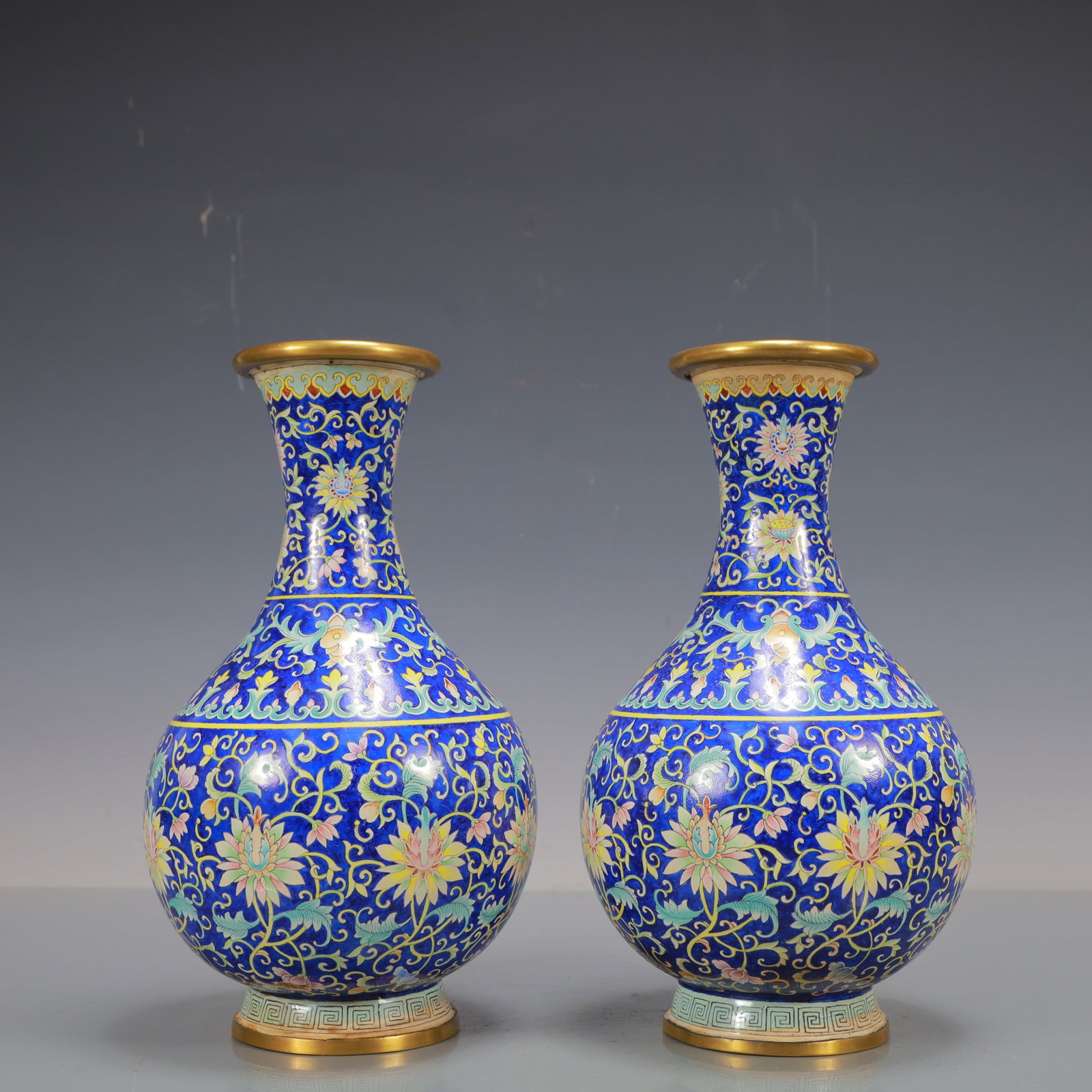 A Exquisite A pair of Coppery Enamel Lotus Pattern Vase: A Exquisite A pair of Coppery Enamel Lotus Pattern Vase Qing Dynasty, China Qianlong Four-character Mark Size:5.1inx10.2in