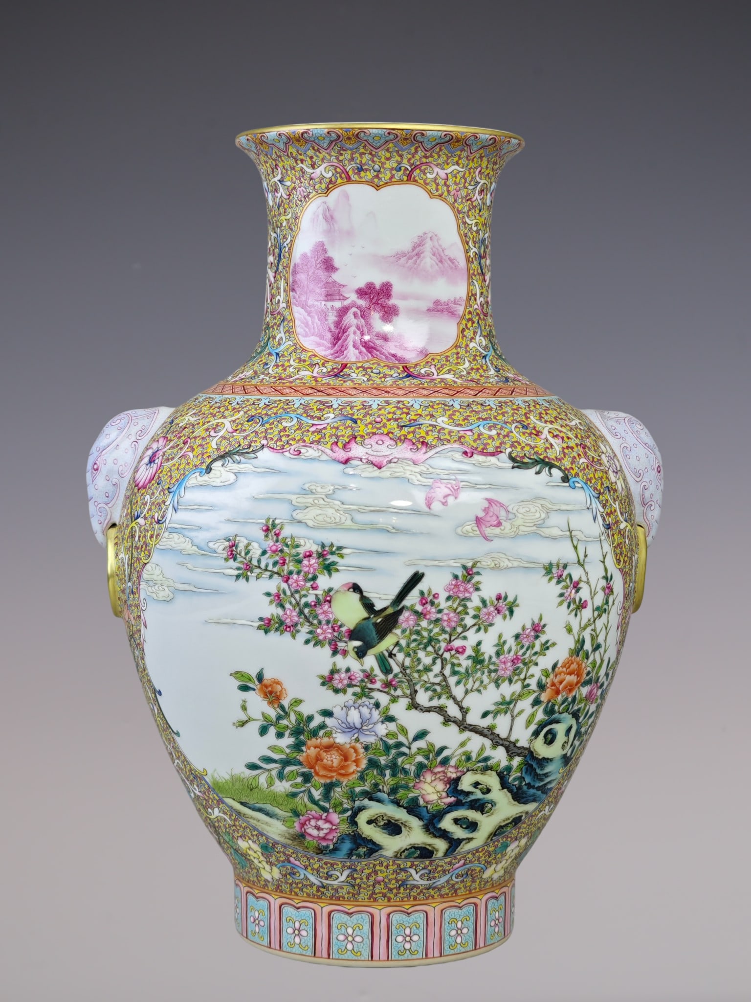 An Exquisite Enamel Lotus Pattern Flower and Bird Pattern Landscape Pattern Double-Ears Vase: An Exquisite Enamel Lotus Pattern Flower and Bird Pattern Landscape Pattern Double-Ears Vase Qing Dynasty, China Qianlong Six-character Mark