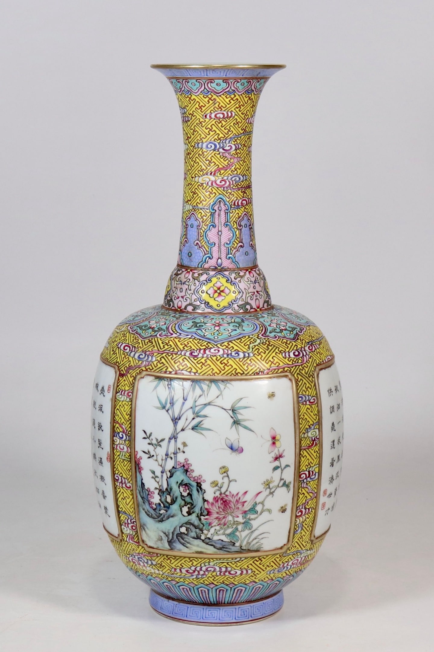 A Huge Yellow Ground Enamel Plum Blossom,Orchid Bamboo and Chrysanthemum Pattern Vase,With Poem: A Huge Yellow Ground Enamel Plum Blossom,Orchid Bamboo and Chrysanthemum Pattern Vase,With Poem,Qing Dynasty,China,Qianlong Six-character