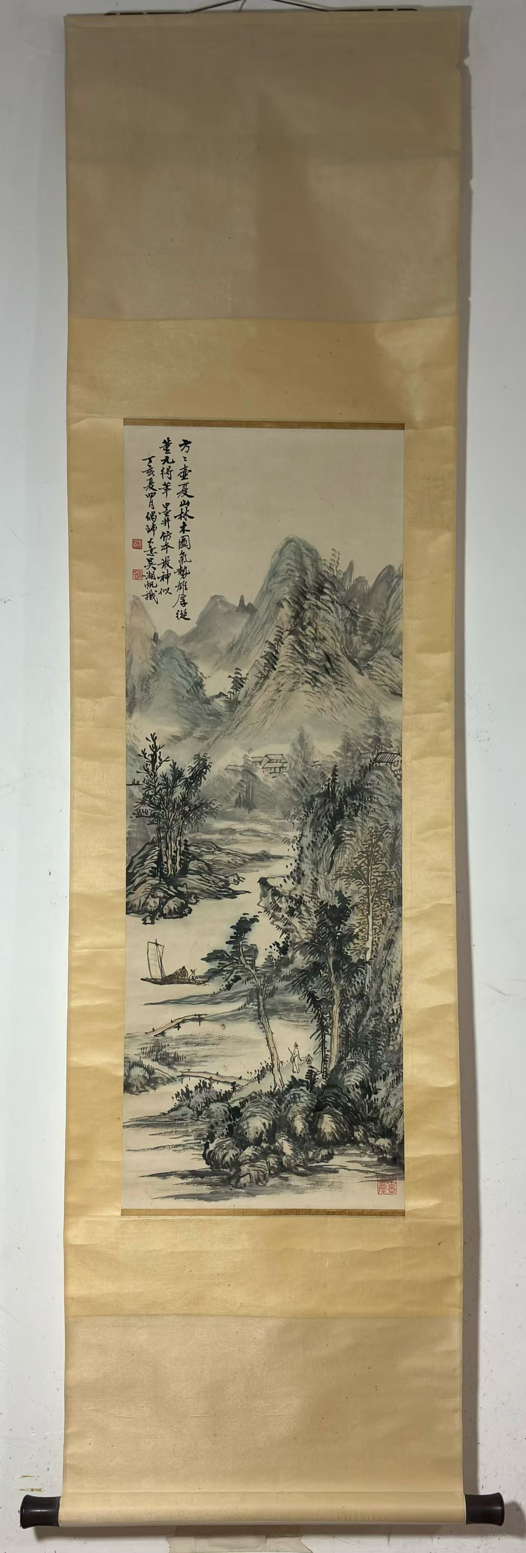 A Chinese Vertical Scroll Ink Painting of Landscape and Figure on Paper,Wu Hufan: A Chinese Vertical Scroll Ink Painting of Landscape and Figure on Paper,Wu Hufan,Size:(Without frame)39inx14.2in一幅中国水墨山水人物画