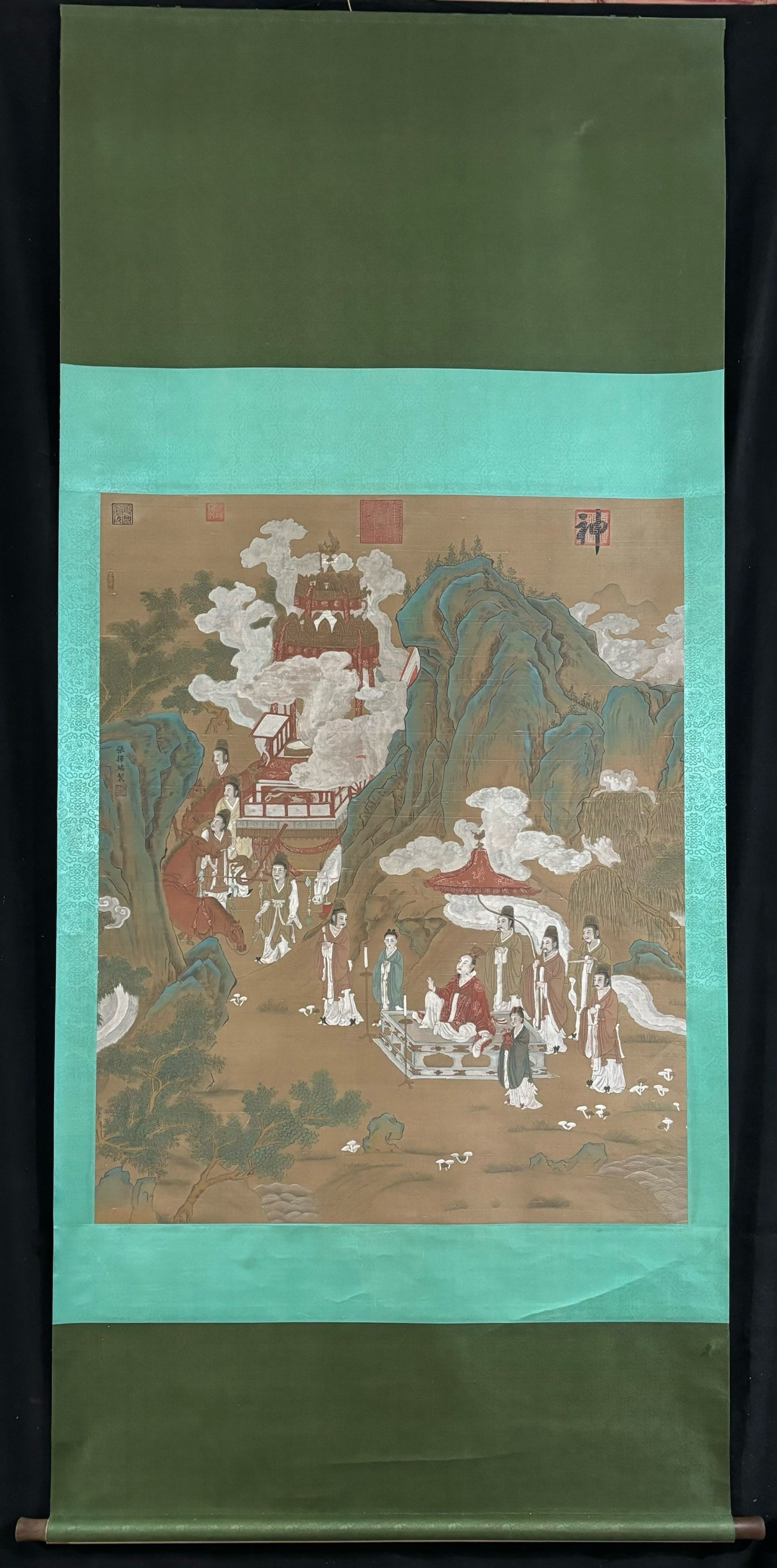 A Chinese Vertical Scroll Ink Painting of Landscape and Figure on Silk,Zhang Zeduan: A Chinese Vertical Scroll Ink Painting of Landscape and Figure on Silk,Zhang Zeduan,Size:(Without frame)47.4inx38.4in一幅中国水墨绢本山水