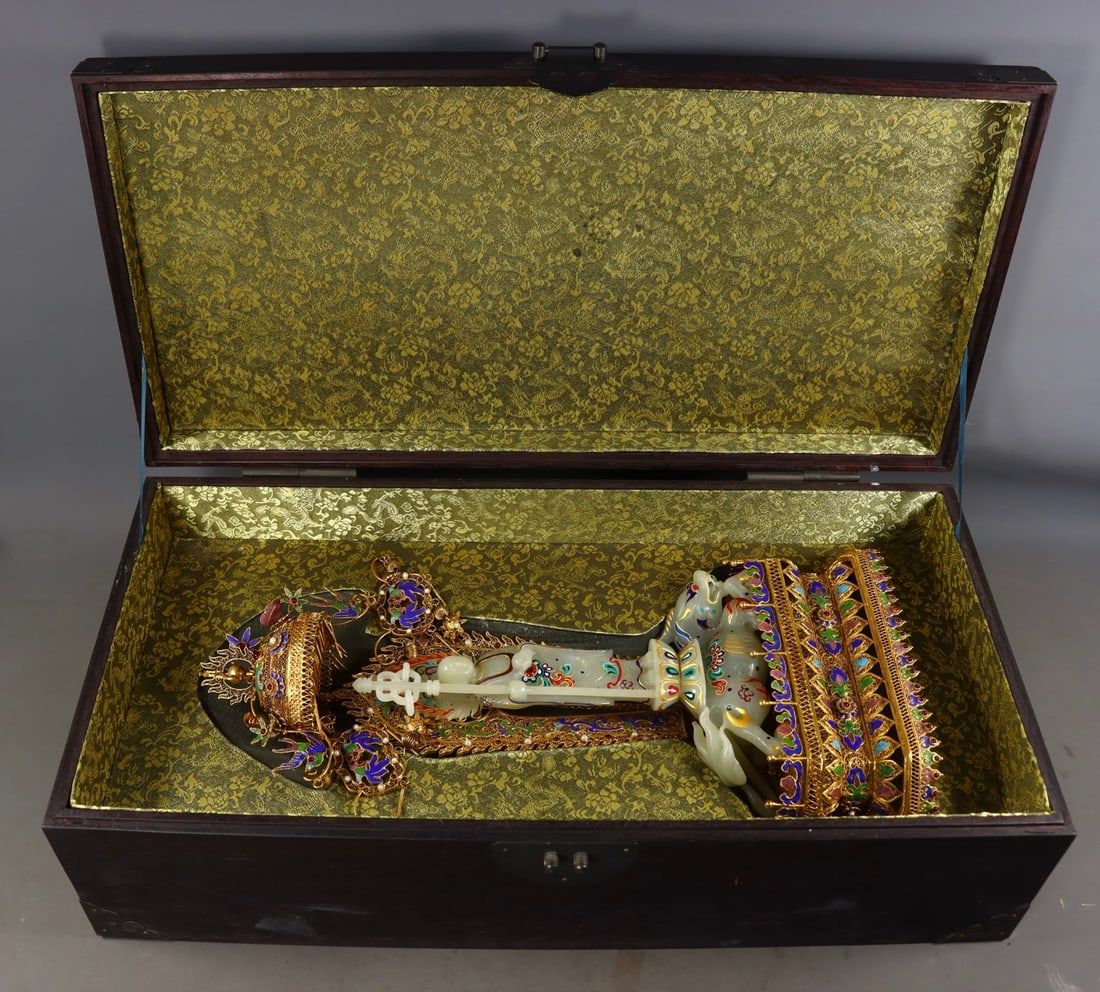 An Exquisite Filigree and Gilding Inlaid White Jade Painted Color Painted Gold Statue of: An Exquisite Filigree and Gilding Inlaid White Jade Painted Color Painted Gold Statue of Kshitigarbha Bodhisattva,Inlaid Gems,Qing Dynasty,China,Qianlong Four-character Mark,Size:17.7inx8.7inx3.9in,We