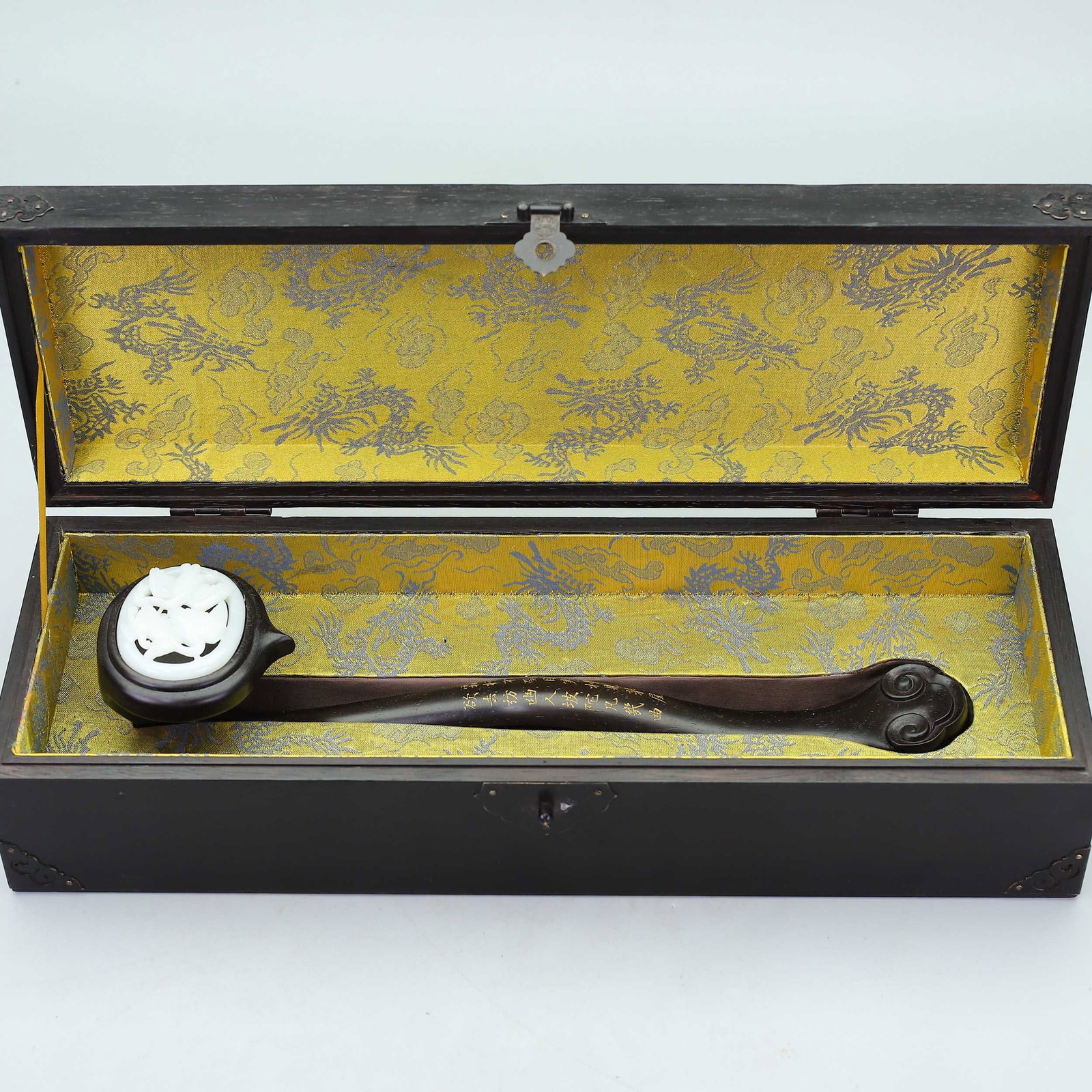 An Exquisite Zitanwood Inlaid White Jade Hollow Crane Pattern Ruyi,With Poem: An Exquisite Zitanwood Inlaid White Jade Hollow Crane Pattern Ruyi,With Poem,Qing Dynasty,China,Qianlong Four-character Mark,Size:(Box)4.3inx16.5inx5.7in,(Ruyi)13.8inx3.3inx2.8in,Total Weight:1795g