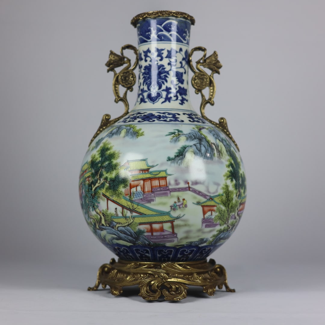 A Rare Blue and White Famille-Rose Inlaid Bronze Landscape and Figure Pattern Double-Ears Vase,With: A Rare Blue and White Famille-Rose Inlaid Bronze Landscape and Figure Pattern Double-Ears Vase,With Poem,Qing Dynasty,China,Qianlong Six-character Mark,Size:15.4inx8.3inx7.9in青花粉&