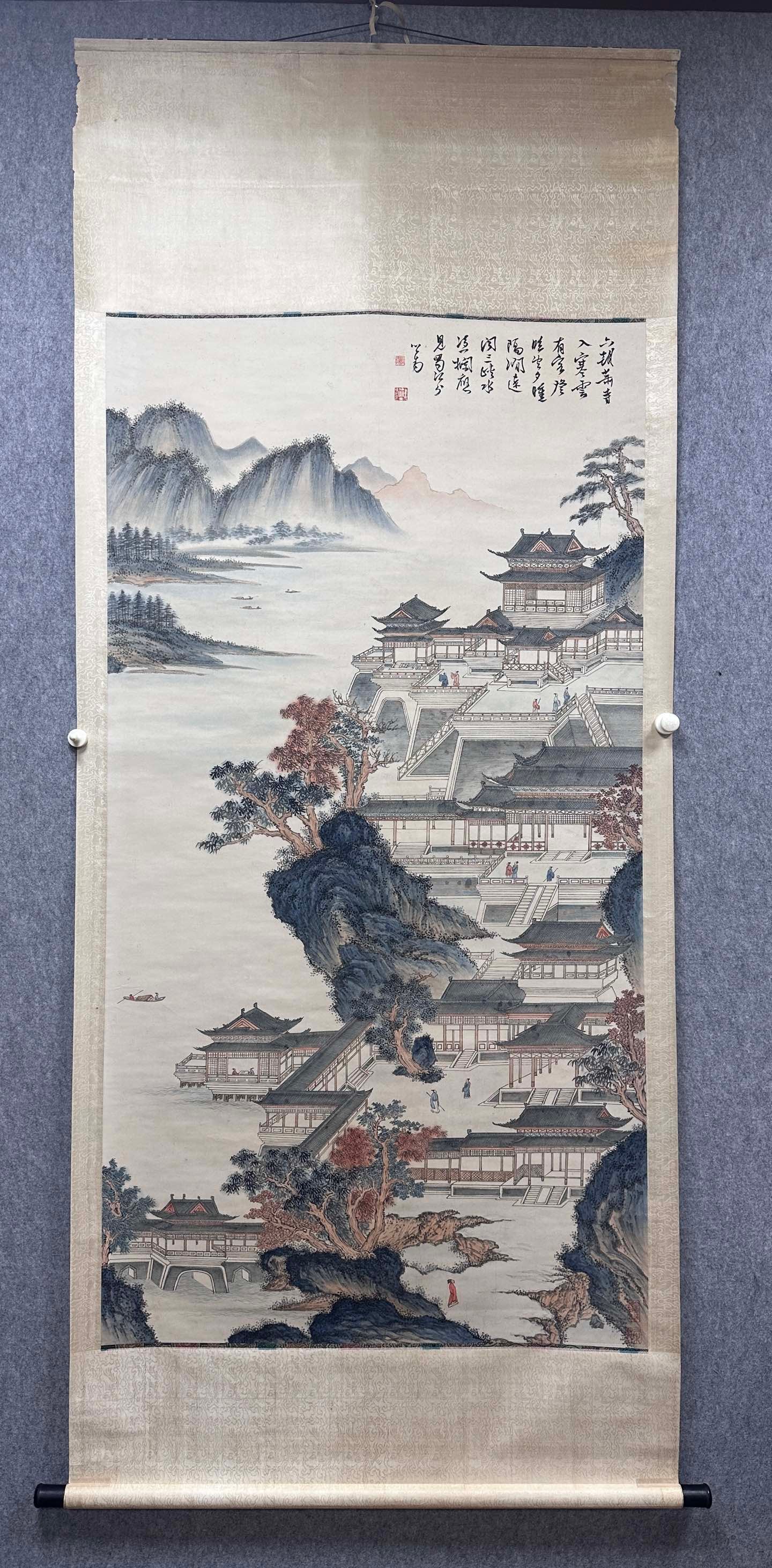 A Chinese Vertical Scroll Ink Painting of Landscape and Figure on Paper,Fu Ru: A Chinese Vertical Scroll Ink Painting of Landscape and Figure on Paper,Fu RuSize:(Without frame)33.9inx64.6in一幅中国水墨山水人物画&#