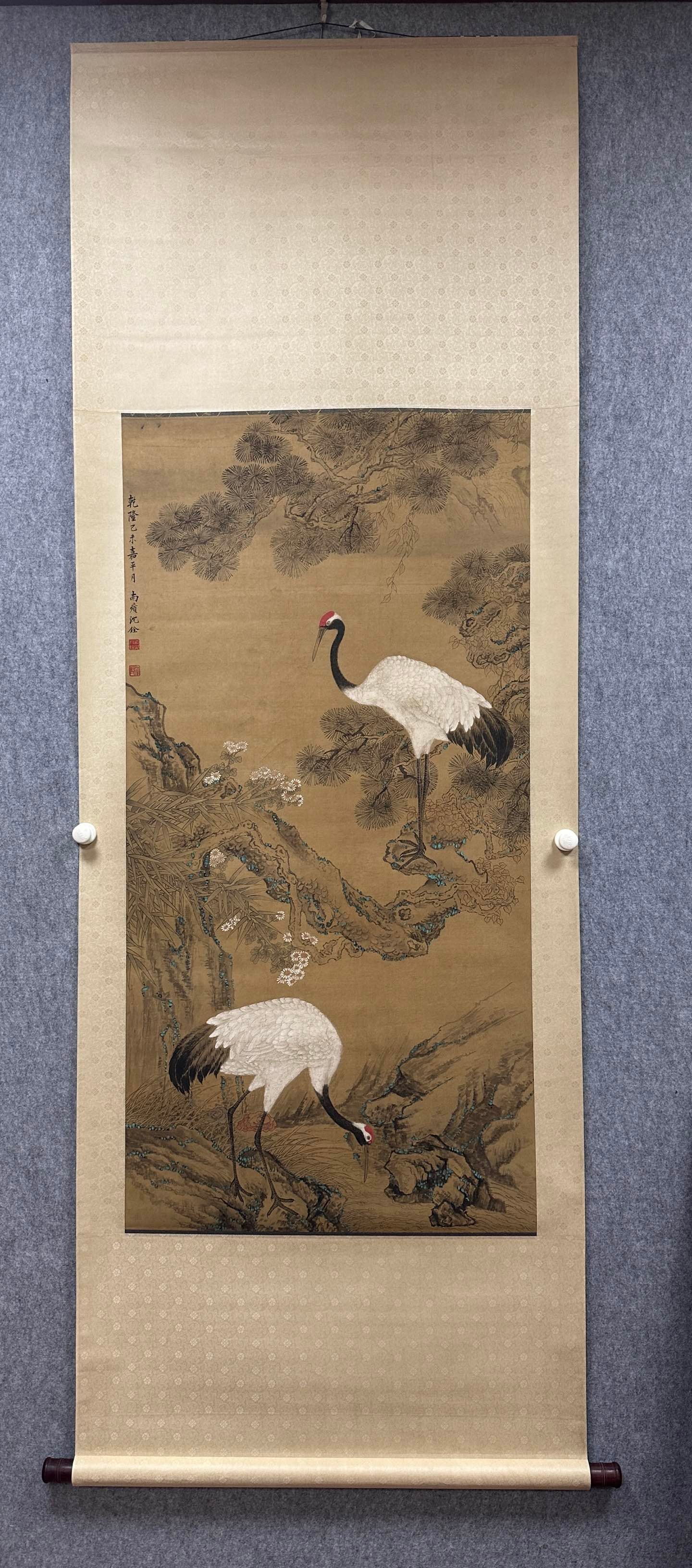 A Chinese Vertical Scroll Ink Painting of Crane on Paper,Shen Quan: A Chinese Vertical Scroll Ink Painting of Crane on Paper,Shen QuanSize:(Without frame)25.6inx51.2in一幅中国水墨松鹤图立轴,沈&