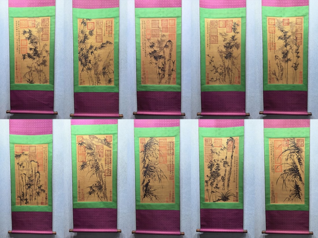 A Set of Chinese Vertical Scroll Ink Painting of Bamboo on Silk,Ni Zan: A Set of Chinese Vertical Scroll Ink Painting of Bamboo on Silk,Ni ZanSize:(Without frame)17.6inx33.1in*10一套中国水墨绢本竹子图ే