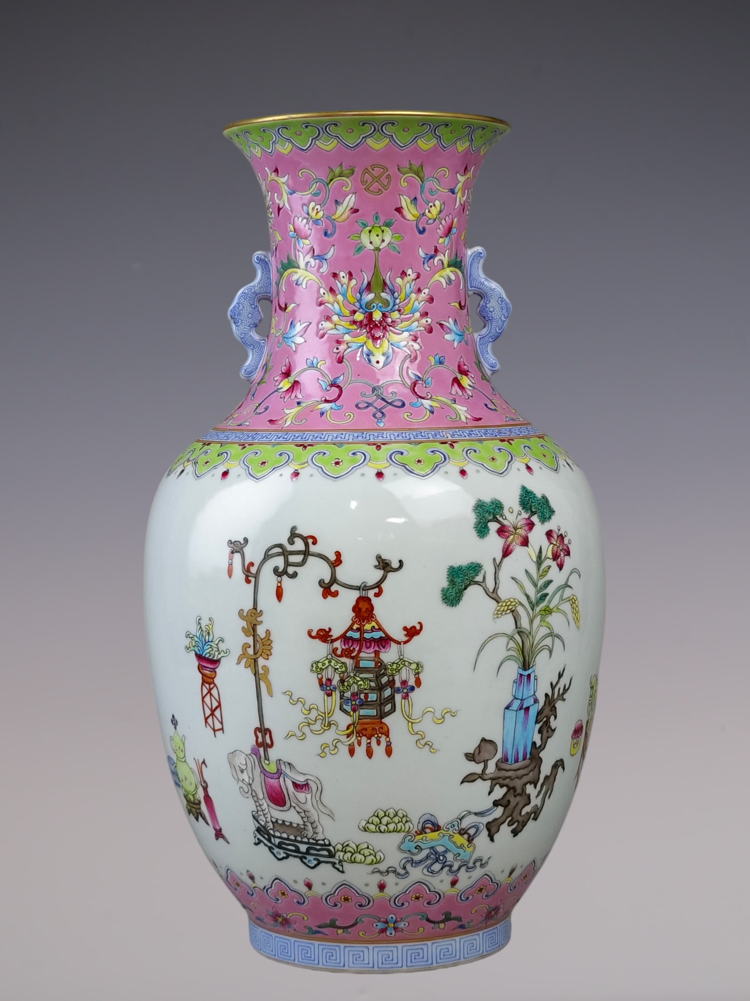 An Exquisite Famille-Rose Lotus Pattern Antiquities Pattern Double-Ears Vase (1 of 9)