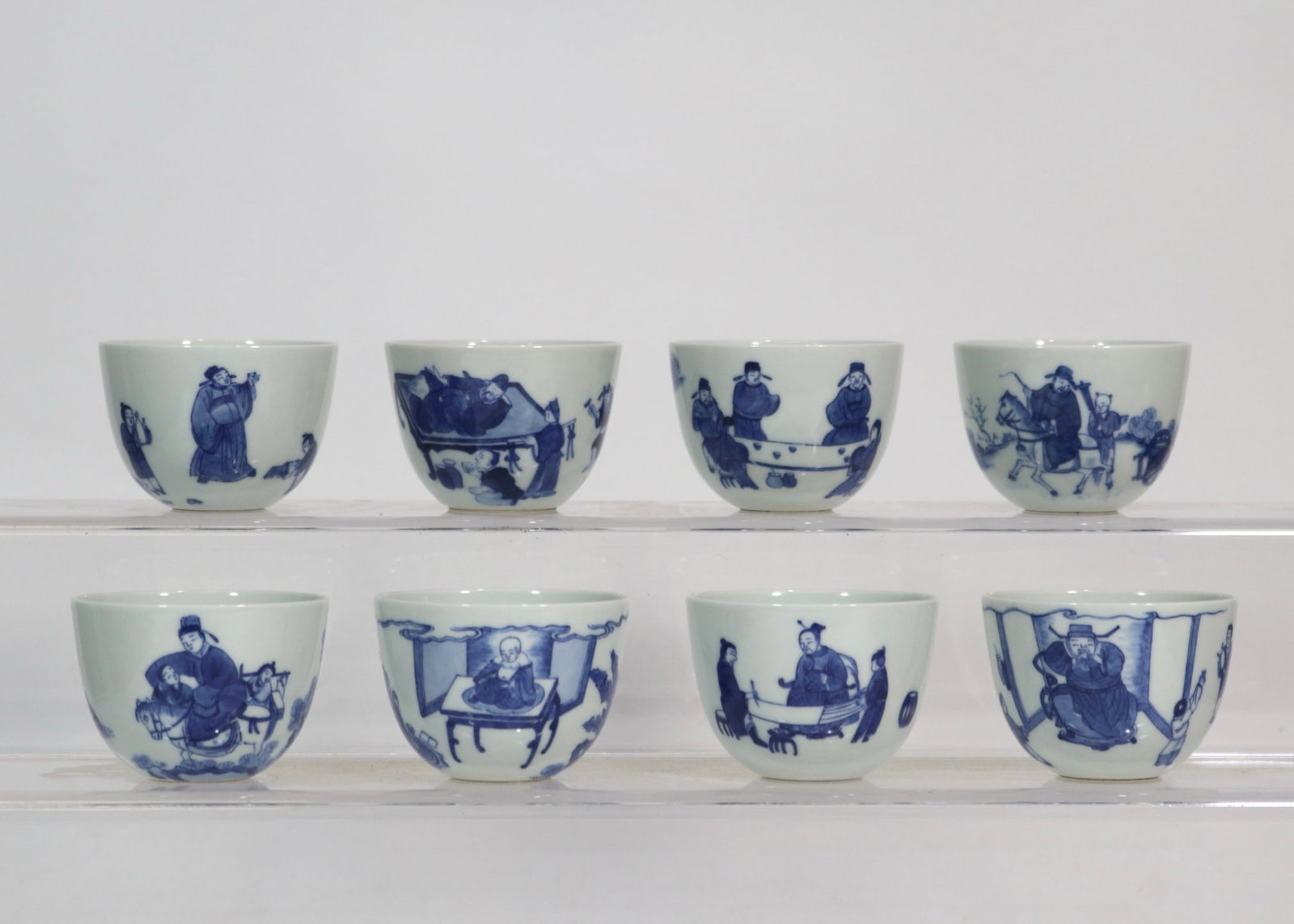 A Set of Fine Blue and White Figure Pattern Cups,With Poem: A Set of Fine Blue and White Figure Pattern Cups,With Poem,Qing Dynasty,China,Kangxi Six-character Mark,Size:2.6inx1.8in一套青花人物纹杯,带诗