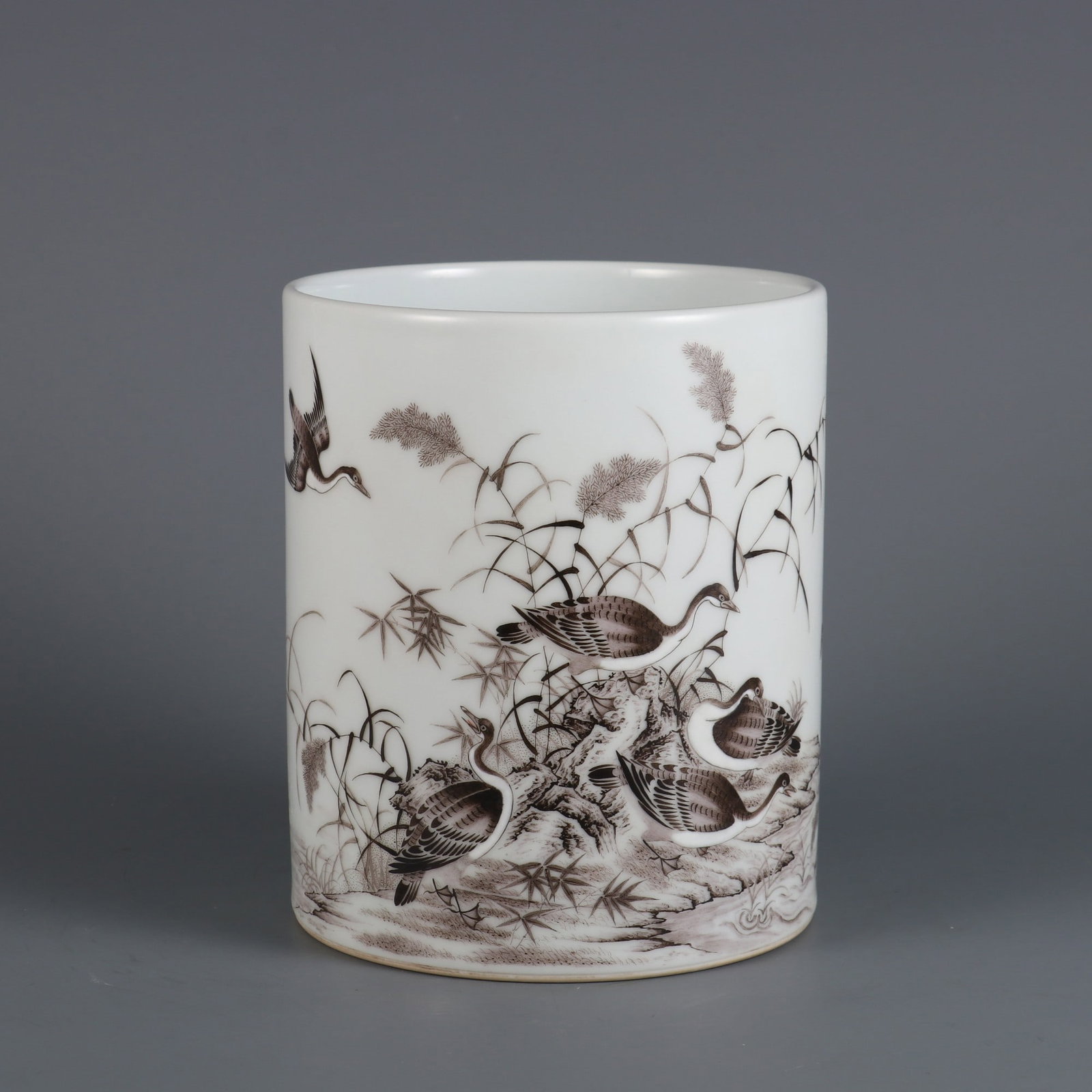 An Exquisite Ink Color Flower and Bird Pattern Poem Brush Pot: An Exquisite Ink Color Flower and Bird Pattern Poem Brush Pot Qing Dynasty, China Yongzheng Four-character MarkSize:6.1inx5.1in墨彩花鸟纹诗文笔筒 