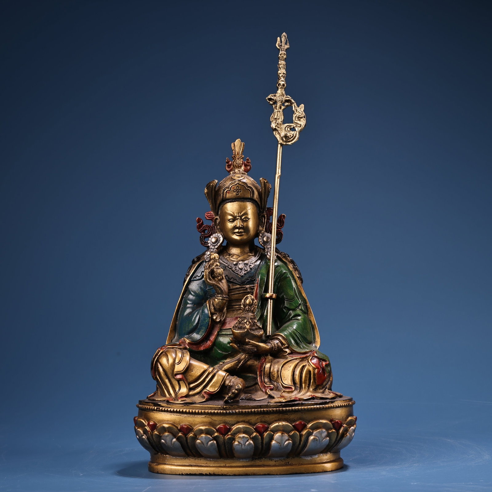 A Solemn Bronze Painted Color Painted Gold Statue of Padma Sambhava (1 of 9)