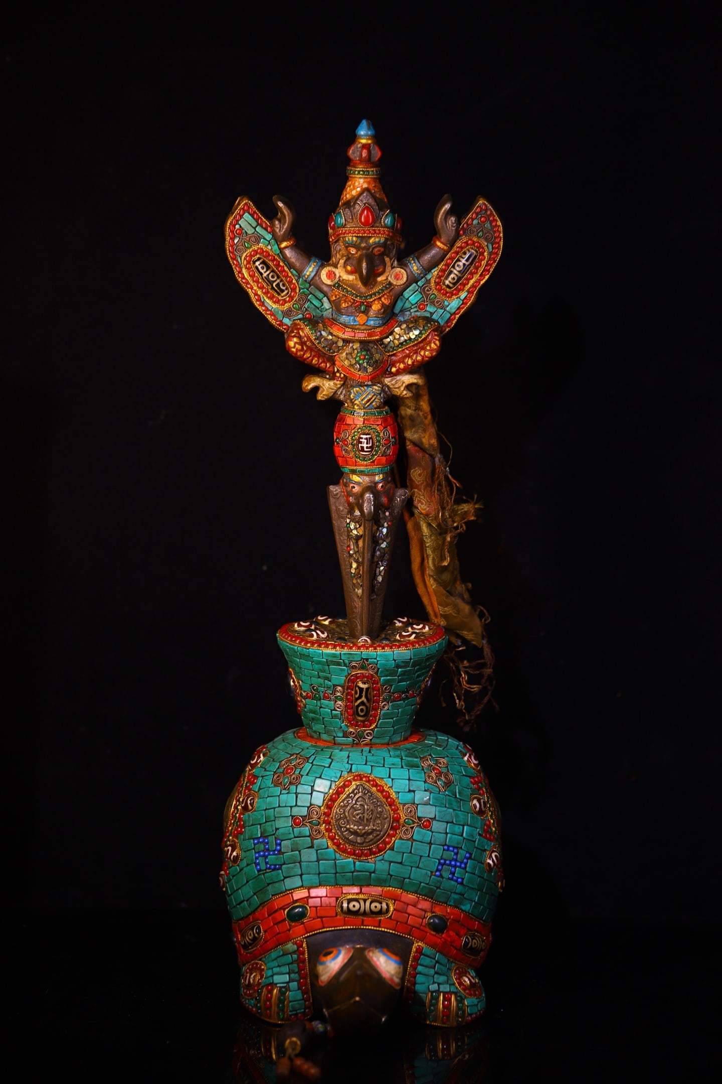 A Huge Meteorite Inlaid Dzi Bead with Turquoise Vajry Pestle Turtle Ornament (1 of 9)