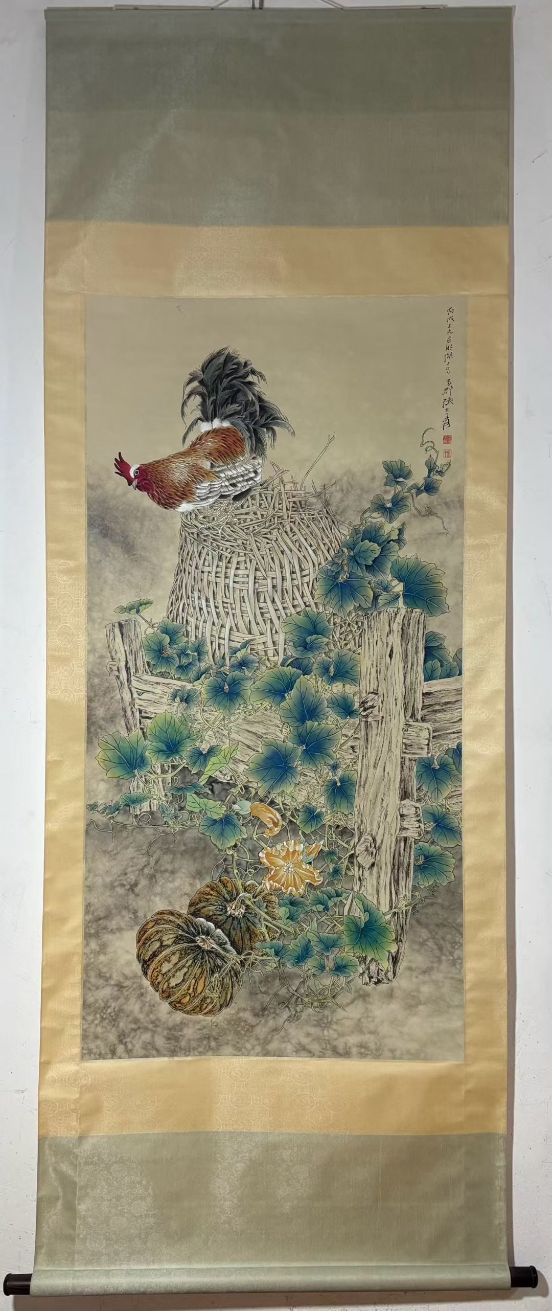 A Chinese Vertical Scroll Ink Painting of Pumpkin and Rooster on Paper,Zhang Daqian (1 of 9)