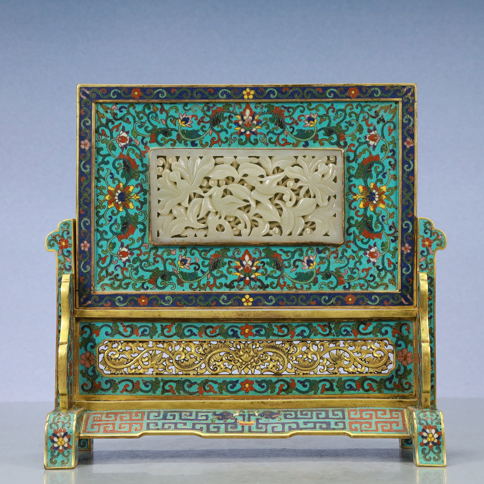 A Exquisite Cloisonne Lotus Pattern Dragon and Phoenix Pattern Screen: A Exquisite Cloisonne Lotus Pattern Dragon and Phoenix Pattern Screen Qing Dynasty, China Qianlong Six-character Mark Size::10.8inx4.3inx11in