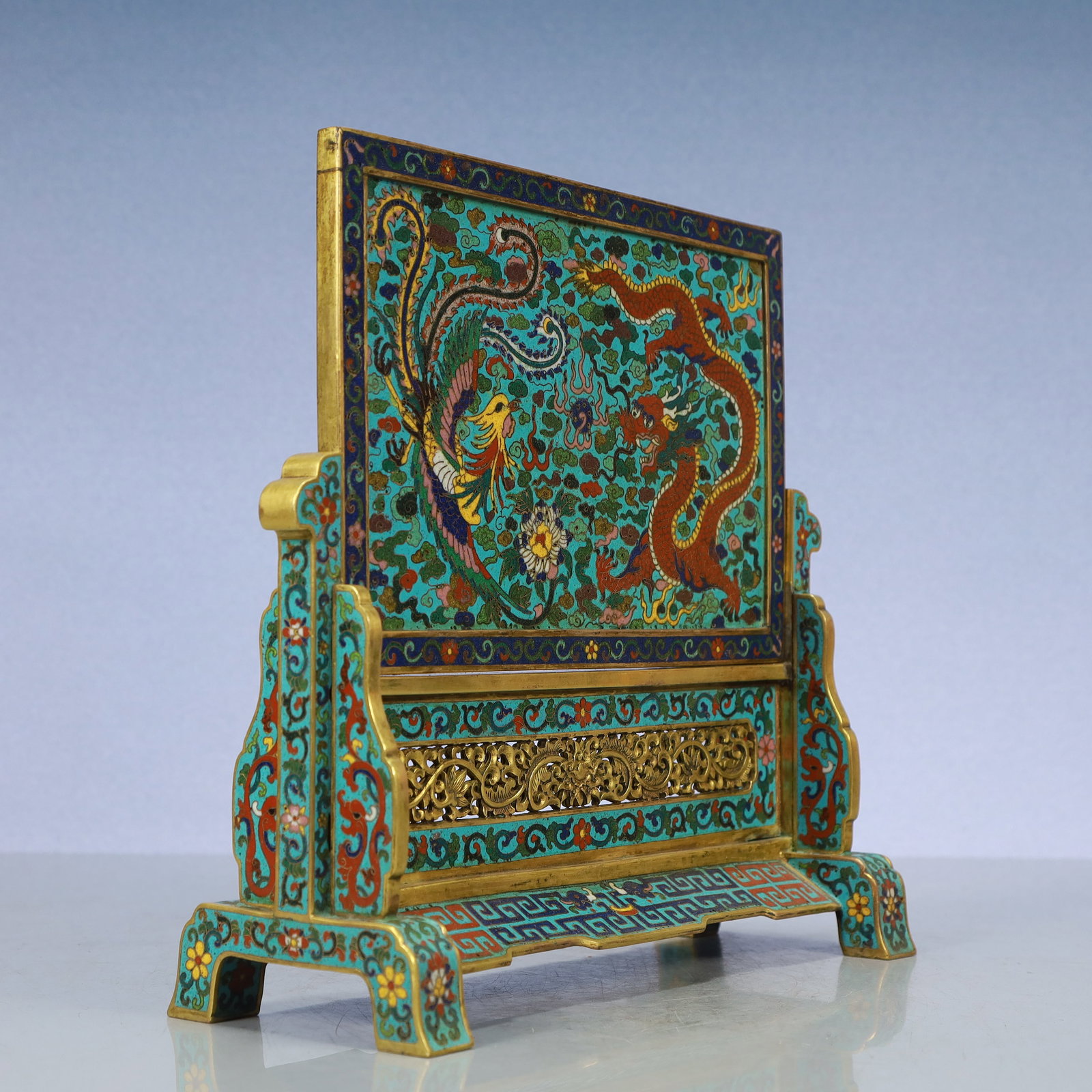 A Exquisite Cloisonne Lotus Pattern Dragon and Phoenix Pattern Screen - 4