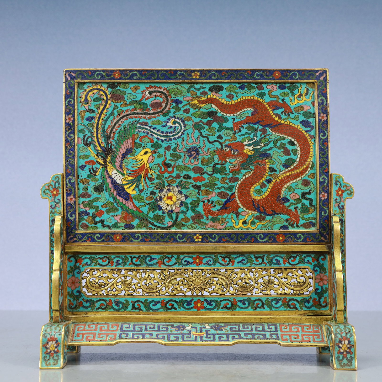 A Exquisite Cloisonne Lotus Pattern Dragon and Phoenix Pattern Screen - 5