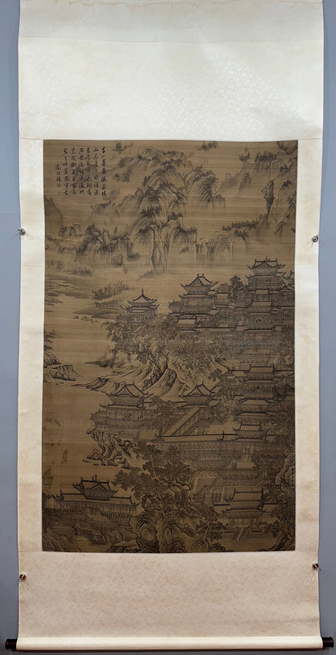 A Chinese Vertical Scroll Ink Painting of Landscape and Figure on Silk,Tang Bohu: A Chinese Vertical Scroll Ink Painting of Landscape and Figure on Silk,Tang Bohu,Size:(Without frame)65.7inx40.6in一幅中国水墨绢本山水ߟ