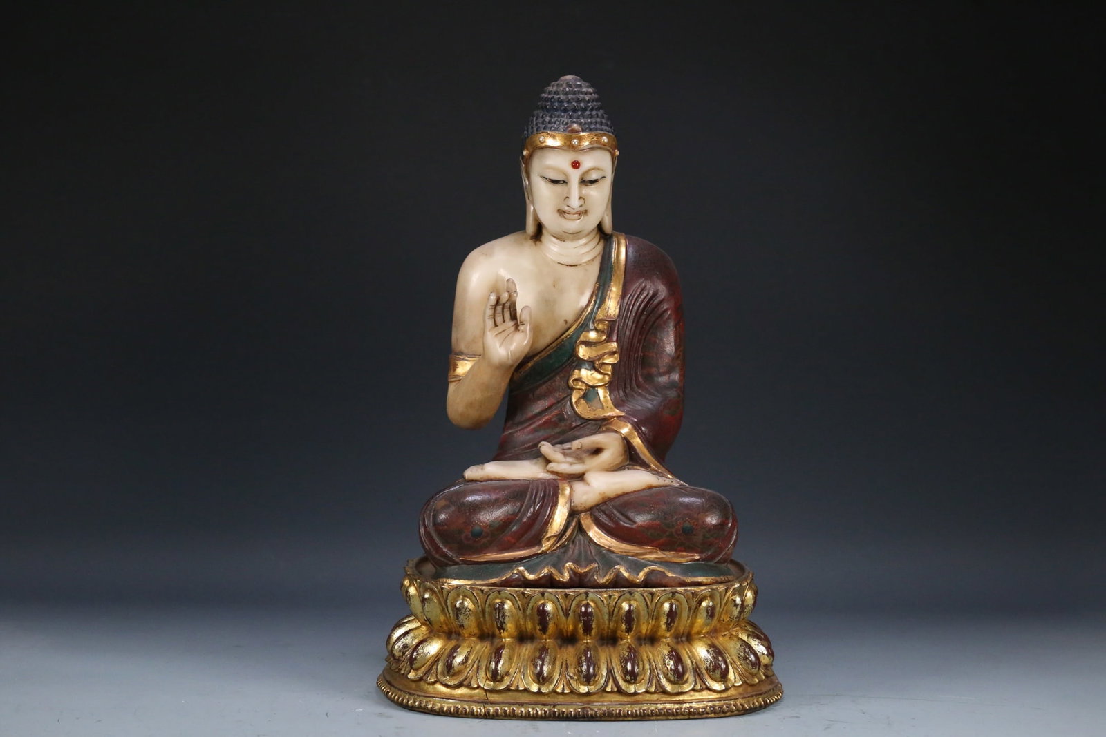 A Solemn Marble Painted Color Statue of Sakyamuni,With Gilt Bronze Base (1 of 9)