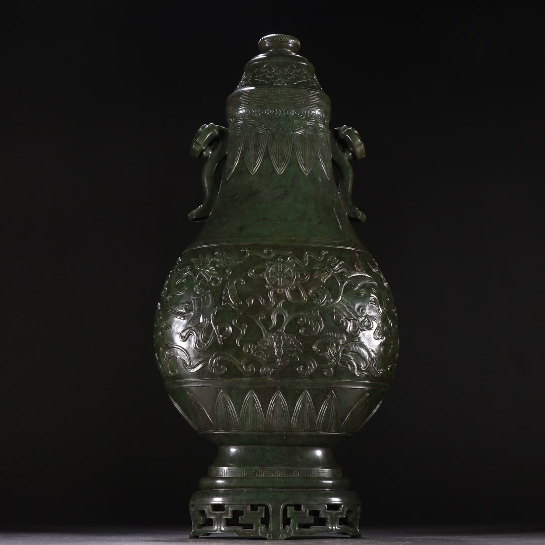 A Rare Jasper Eight Treasures Pattern Ruyi-Ears Vase: A Rare Jasper Eight Treasures Pattern Ruyi-Ears Vase,Qing Dynasty,China,Size:15.3inx7.7in,Weight:2723.6g碧玉八宝纹如意耳瓶,中国清