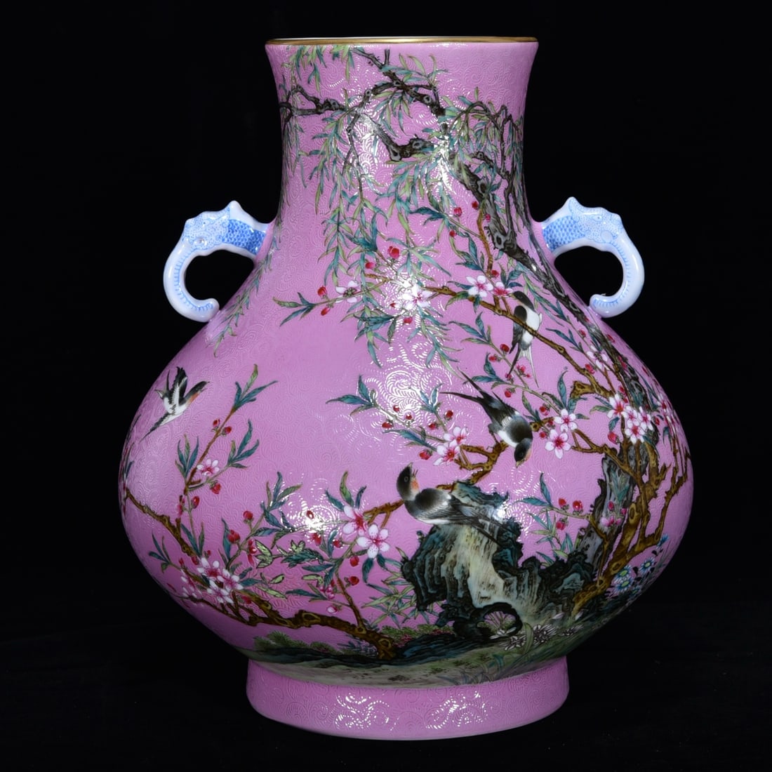 An Exquisite Ruby Red-Glazed Flower and Bird Pattern with poem Double-Ears Vase: An Exquisite Ruby Red-Glazed Flower and Bird Pattern with poem Double-Ears Vase Qing Dynasty, China Yongzheng Six-character Mark Size:10.4inx8.7in胭脂红粉彩轧๮