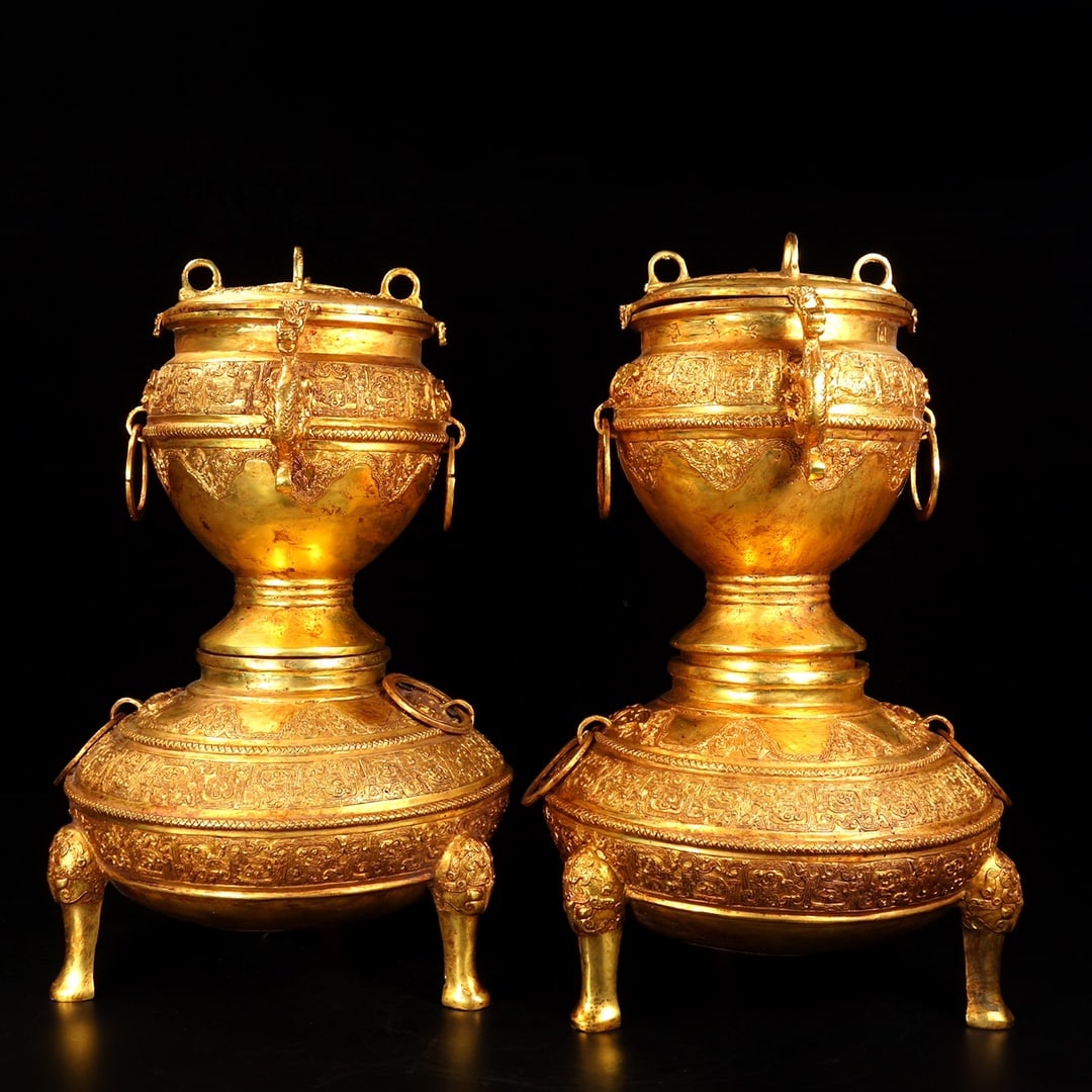 A Pair of Huge Gilt Bronze Beast-Ears Tripod Ornaments,With Inscription: A Pair of Huge Gilt Bronze Beast-Ears Tripod Ornaments,With Inscription,Qing Dynasty,China,Size:18.9inx9.8in,Total