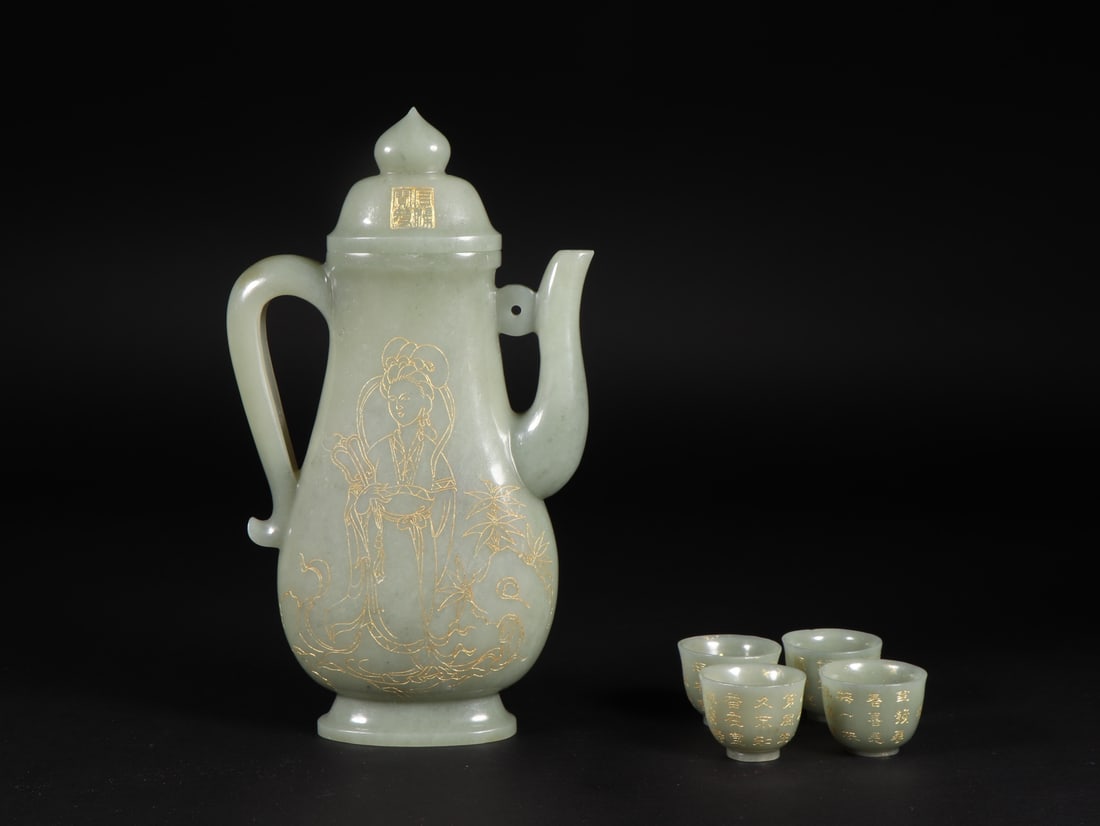 A Set of Fine White Jade Painted Gold Figure Pattern Teaware,With Poem: A Set of Fine White Jade Painted Gold Figure Pattern Teaware,With Poem,Qing