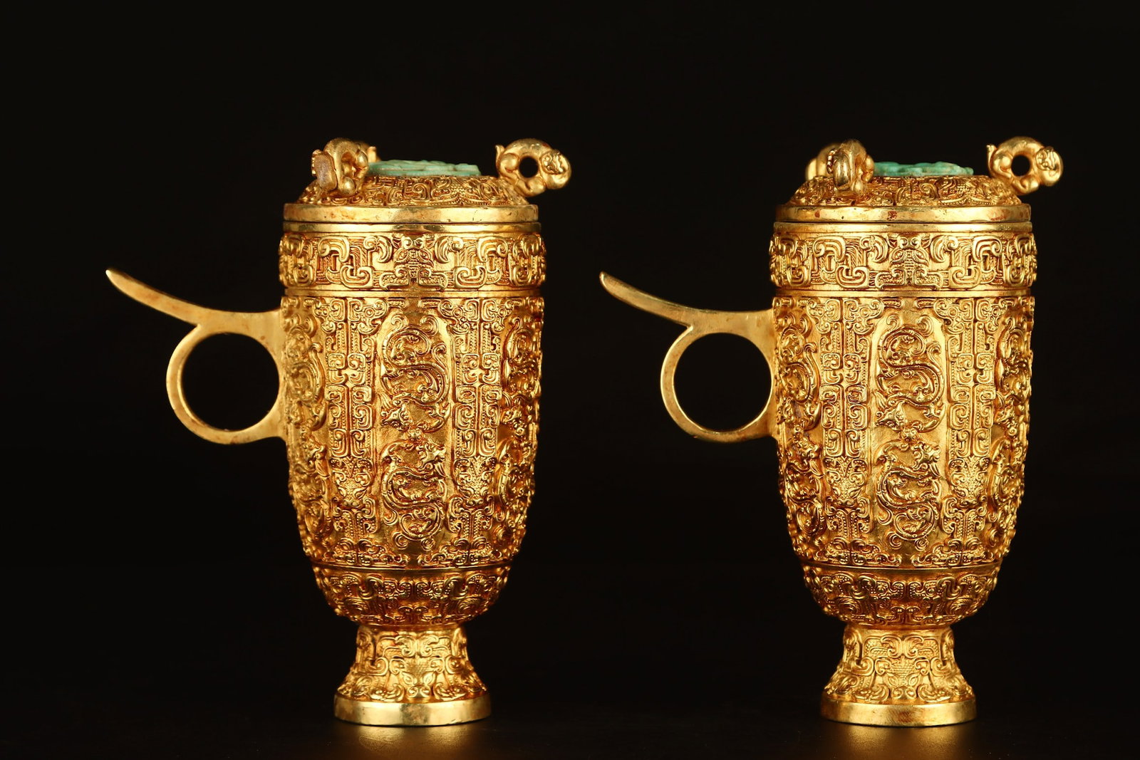 A Pair of Exquisite Gilt Bronze Chi-Dragon Pattern Stem Cups (1 of 9)