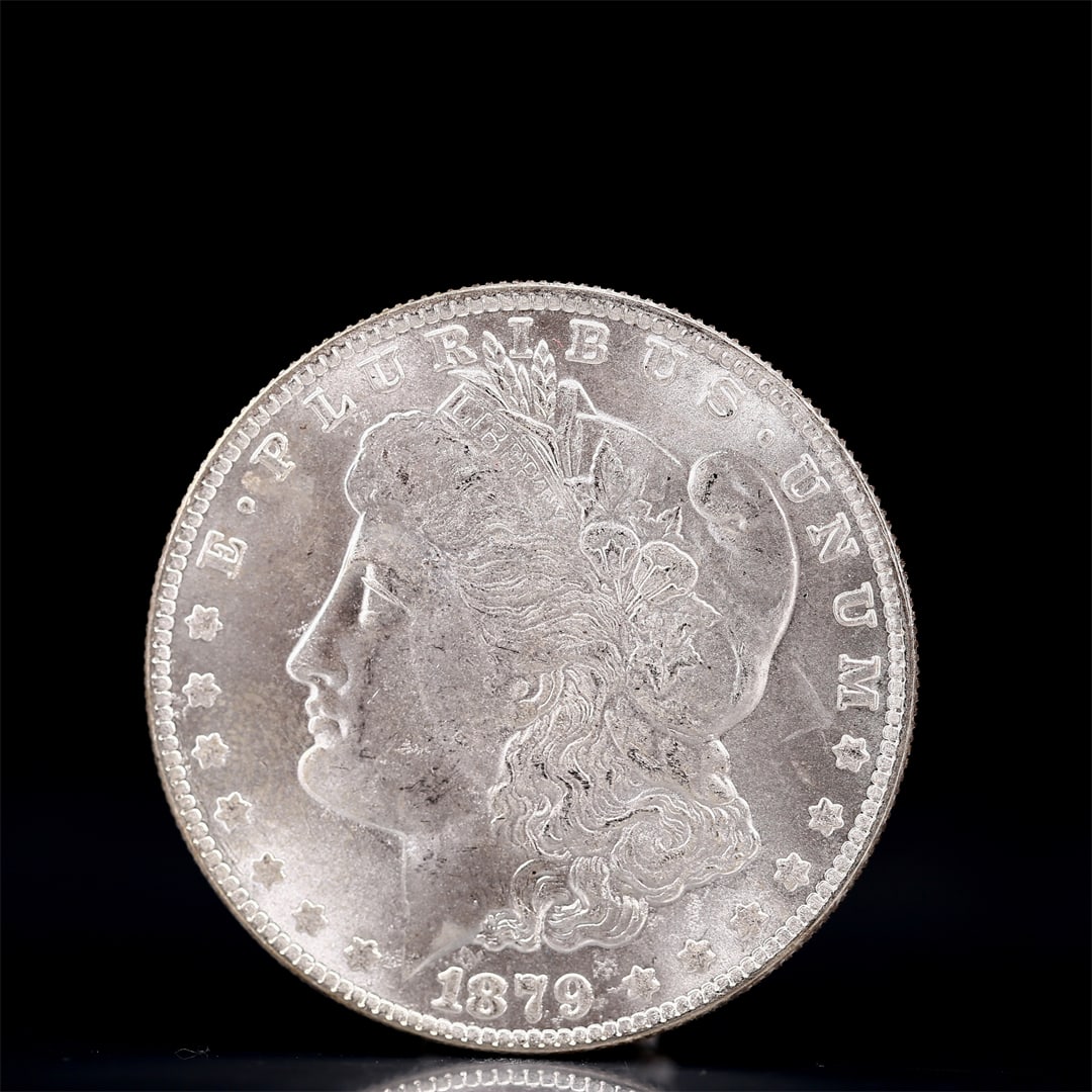 USA Morgan Dollar 1879 Coin: Obv: profile bust with date below and E PLURIBUS UNUM legend and stars around. Rev: eagle with In God we trust above within wreath with UNITED STATES OF AMERICA ONE DOLLAR legend. IN GOD WE TRUST / LI