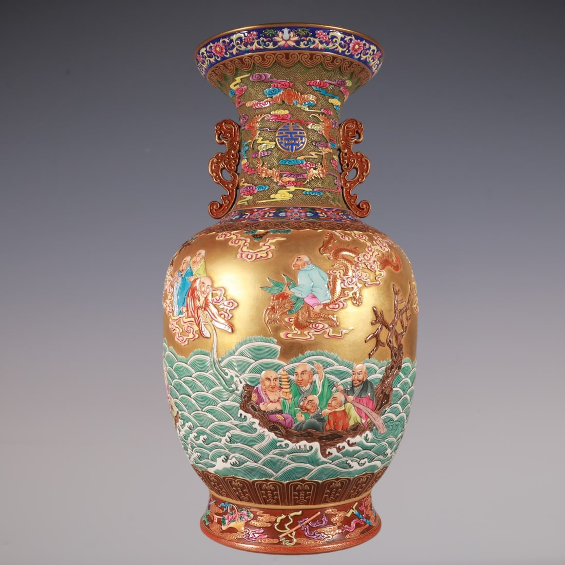 An Exquisite Enamel Bats and Peach Pattern Character and Story Pattern Double-Ears Vase: An Exquisite Enamel Bats and Peach Pattern Character and Story Pattern Double-Ears Vase Qing Dynasty, China Qianlong Six-character Mark Size:18.8inx10.6in珐琅彩雕刻ດ