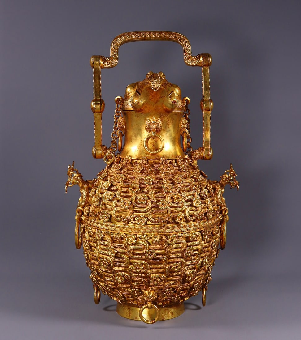 A Rare Gilt Bronze Hollow Flower Pattern Phoenix-Ears Beast-head Ewer: A Rare Gilt Bronze Hollow Flower Pattern Phoenix-Ears Beast-head Ewer,Qing