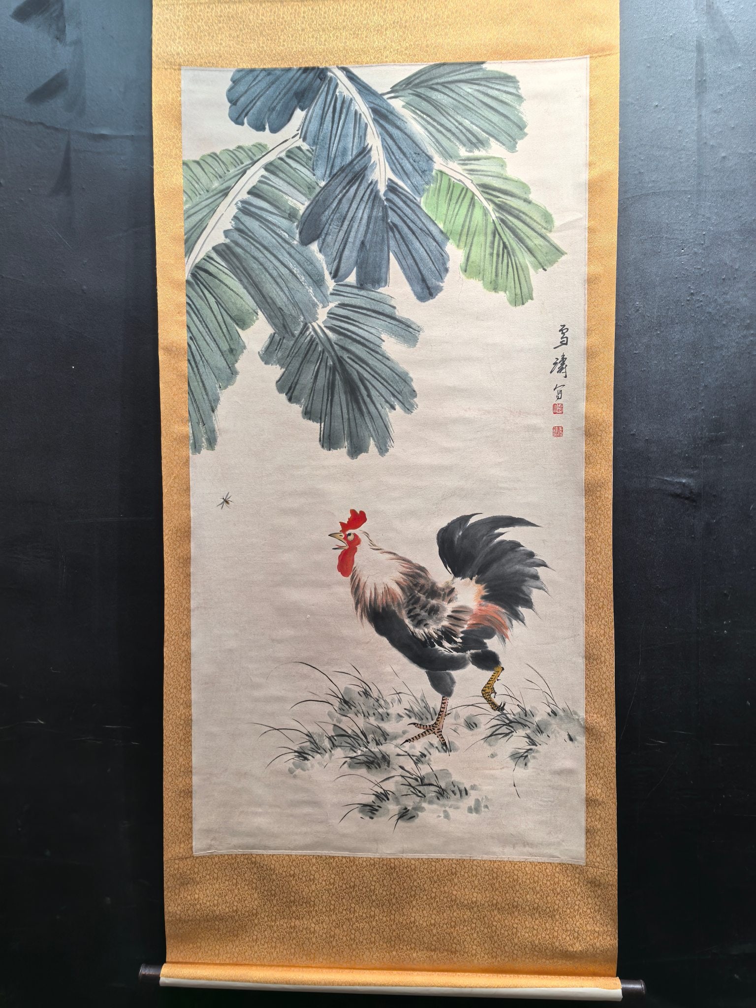 A Chinese Vertical Scroll Ink Painting of Rooster on Paper,Wang Xuetao: A Chinese Vertical Scroll Ink Painting of Rooster on Paper,Wang
