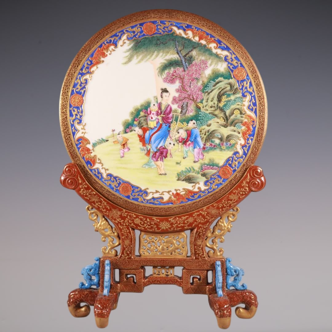 An Exquisite Enamel Painted Gold Bats and Peach Pattern Character and Story Pattern Screen: An Exquisite Enamel Painted Gold Bats and Peach Pattern Character and Story Pattern Screen Qing Dynasty, China Qianlong Six-character Mark