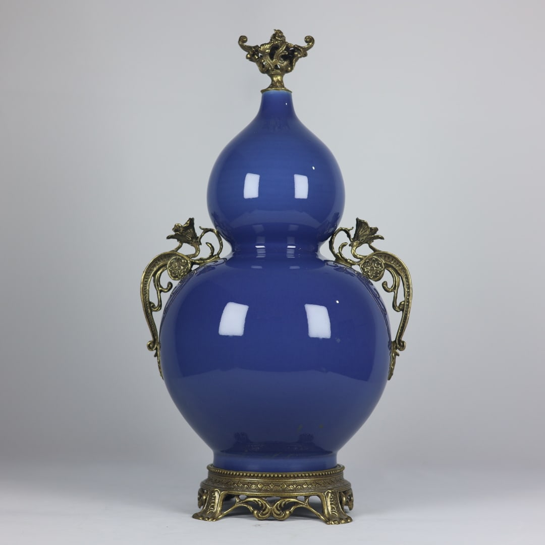 A Huge Sky Blue Glazed Inlaid Bronze Double-Ears Gourd-Shaped Vase (1 of 9)