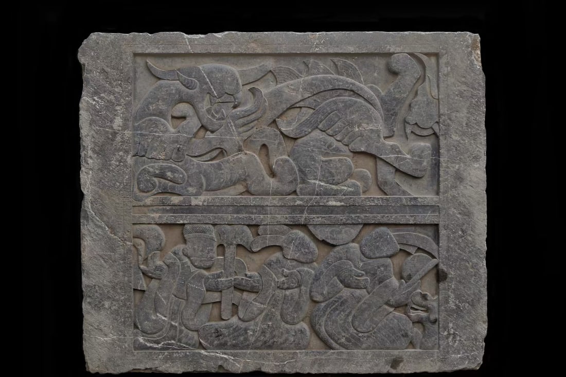An Exquisite Limestone Character and Story Pattern Ornament: An Exquisite Limestone Character and Story Pattern Ornament Han Dynasty, China Size:36.6inx43.3inx6.7in青石人物故事纹摆件 中国汉