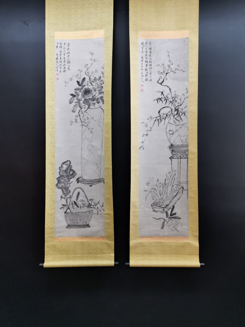 A Pair of Chinese Vertical Scroll Ink Painting of Flower on Paper,Xu Wei: A Pair of Chinese Vertical Scroll Ink Painting of Flower on Paper,Xu WeiSize:(Without
