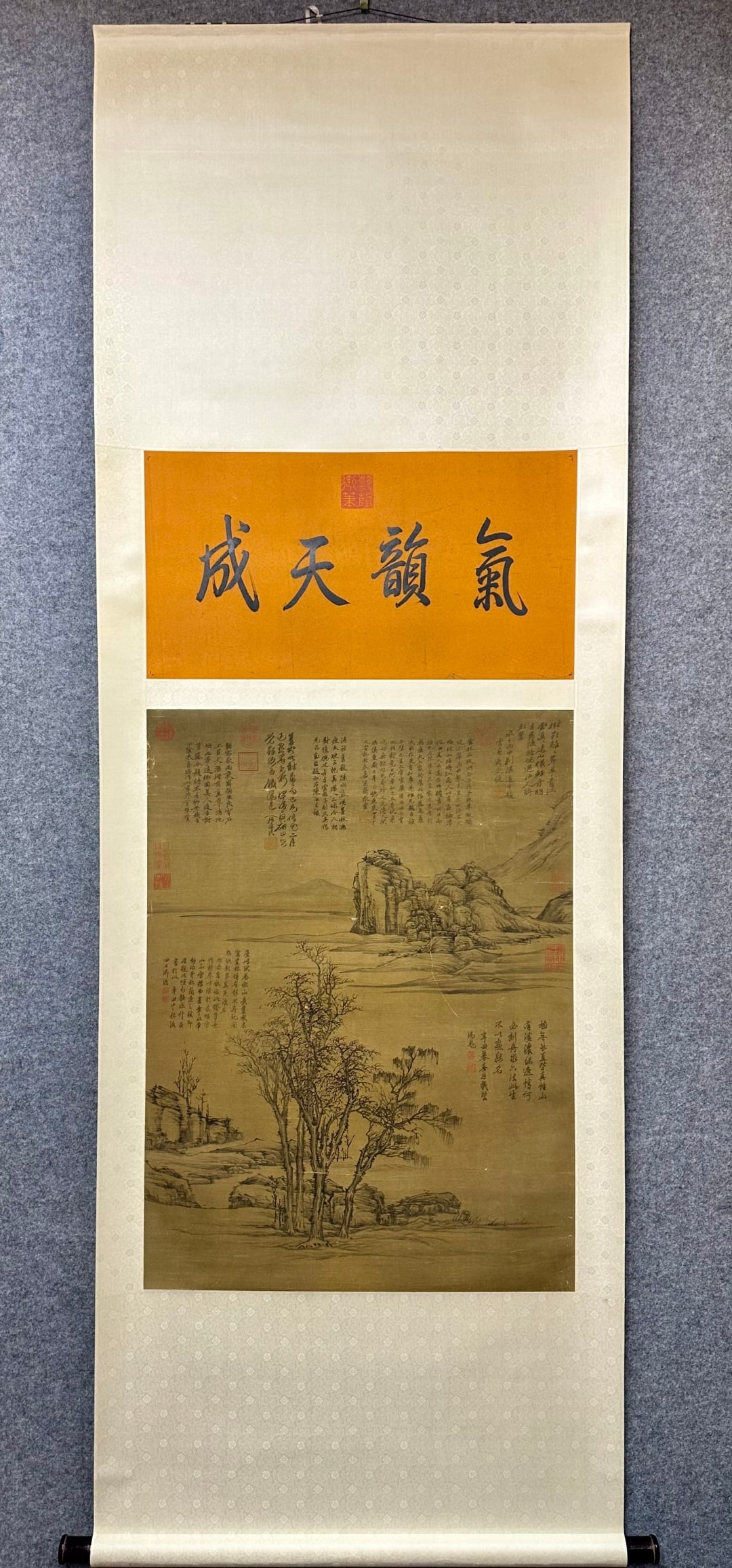 A Chinese Vertical Scroll Ink Painting of Landscape on Silk,Ni Zan: A Chinese Vertical Scroll Ink Painting of Landscape on Silk,Ni Zan,Size:(Without